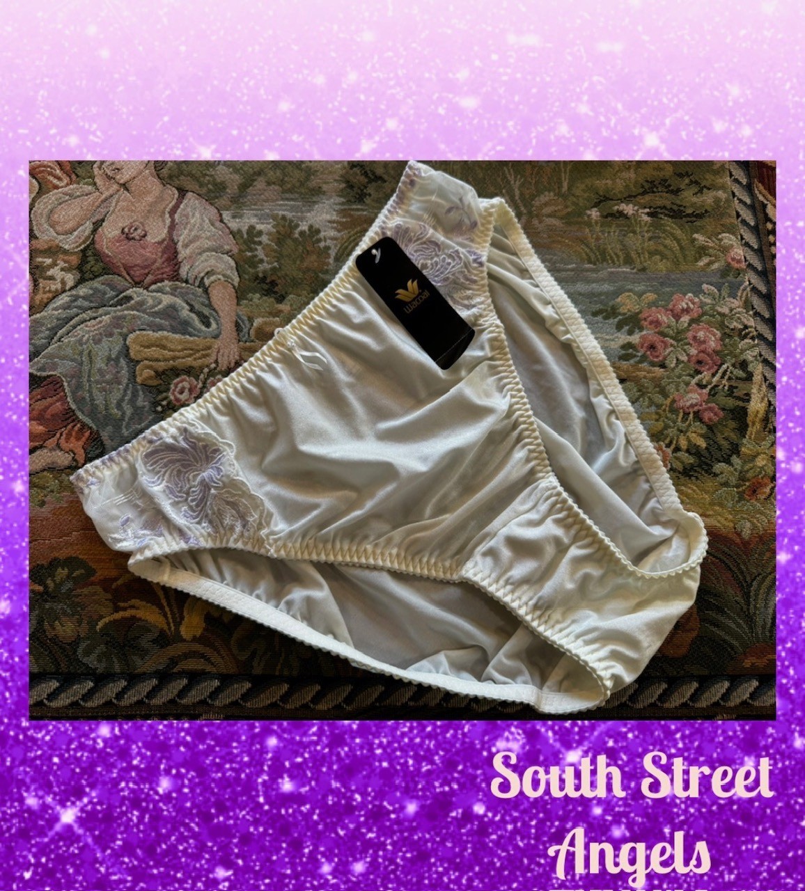 VINTAGE WACOAL 84475 IVORY / PURPLE EMBROIDERED Hi-CUT BRIEF PANTIES XL