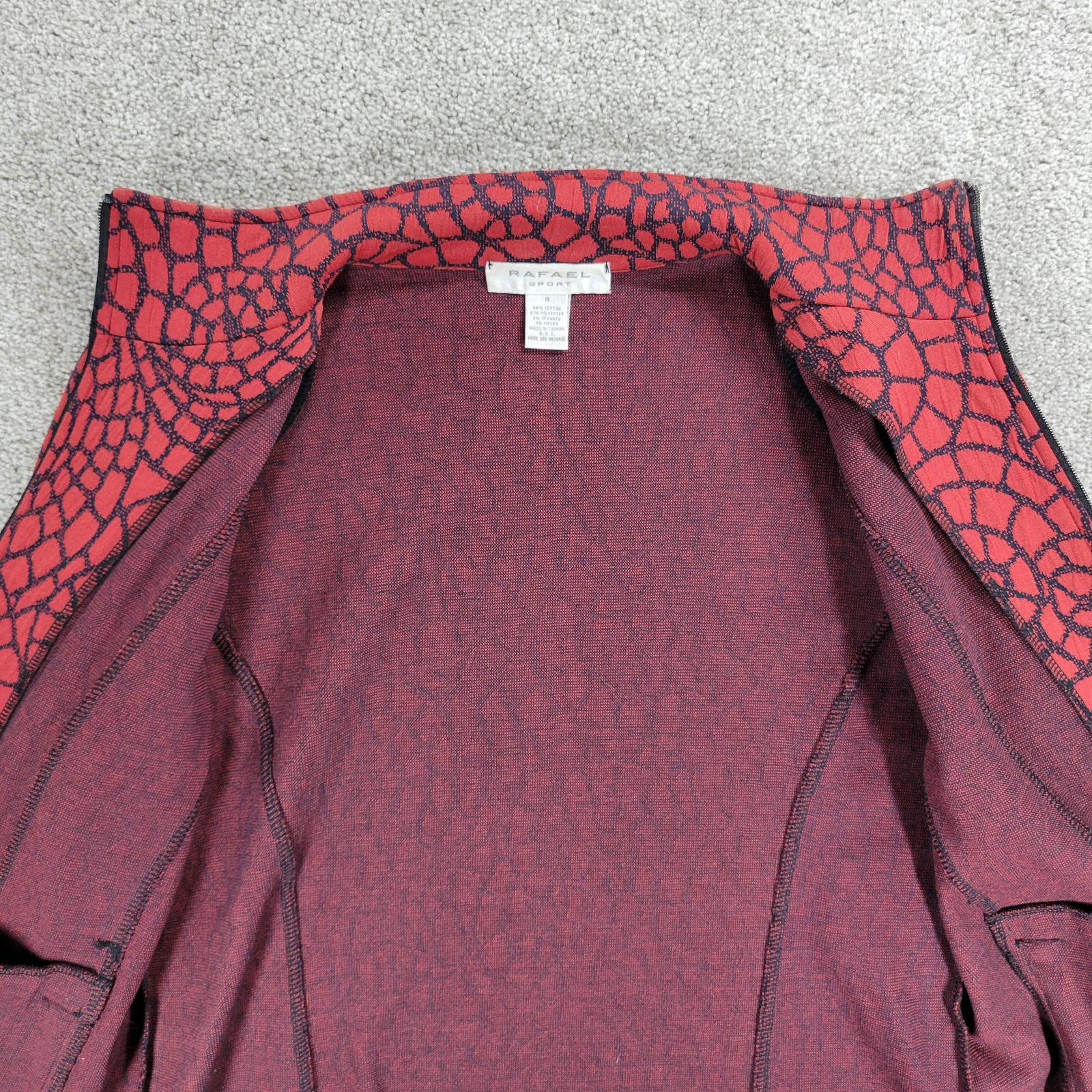Vintage Rafael Sport Jacket Womens M Red Black Printed Zip Up High Neck Pockets