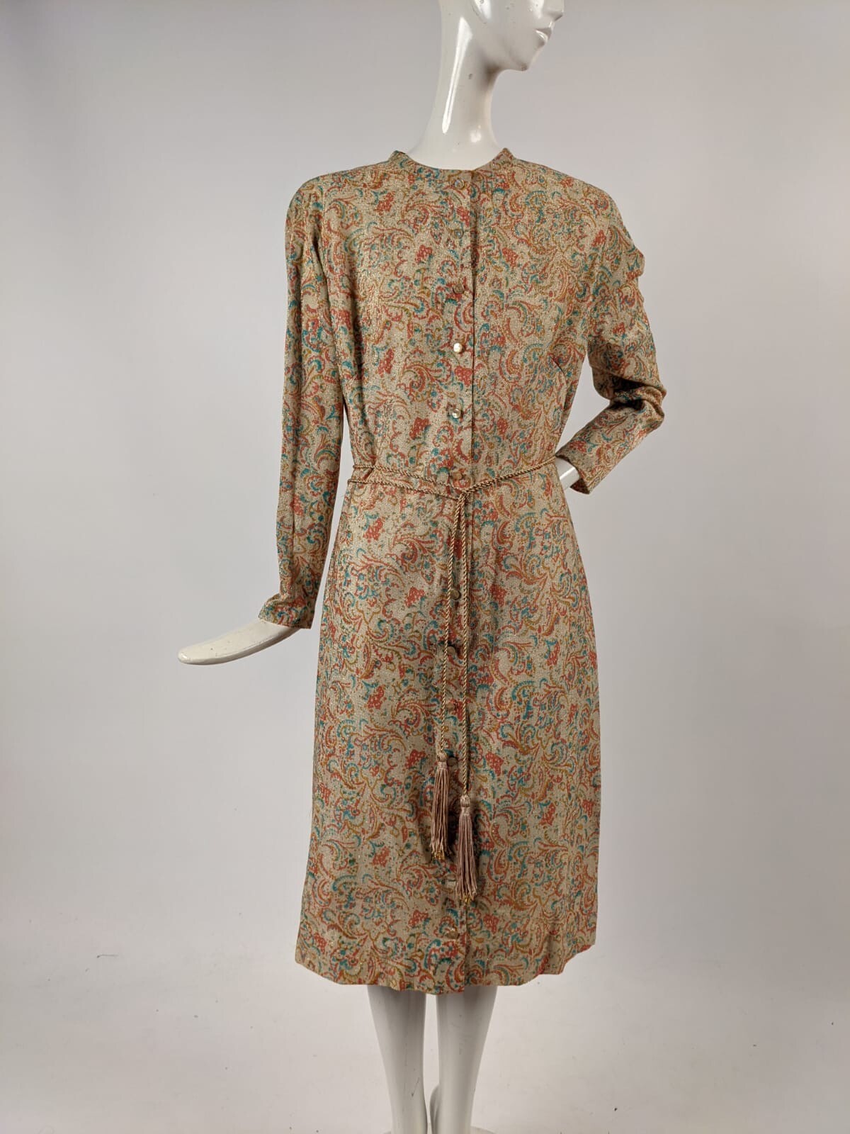 VINTAGE 1970’S METALLIC GOLD LUREX DRESS W GOLD CORD BELT BY ANNE FOGARTY