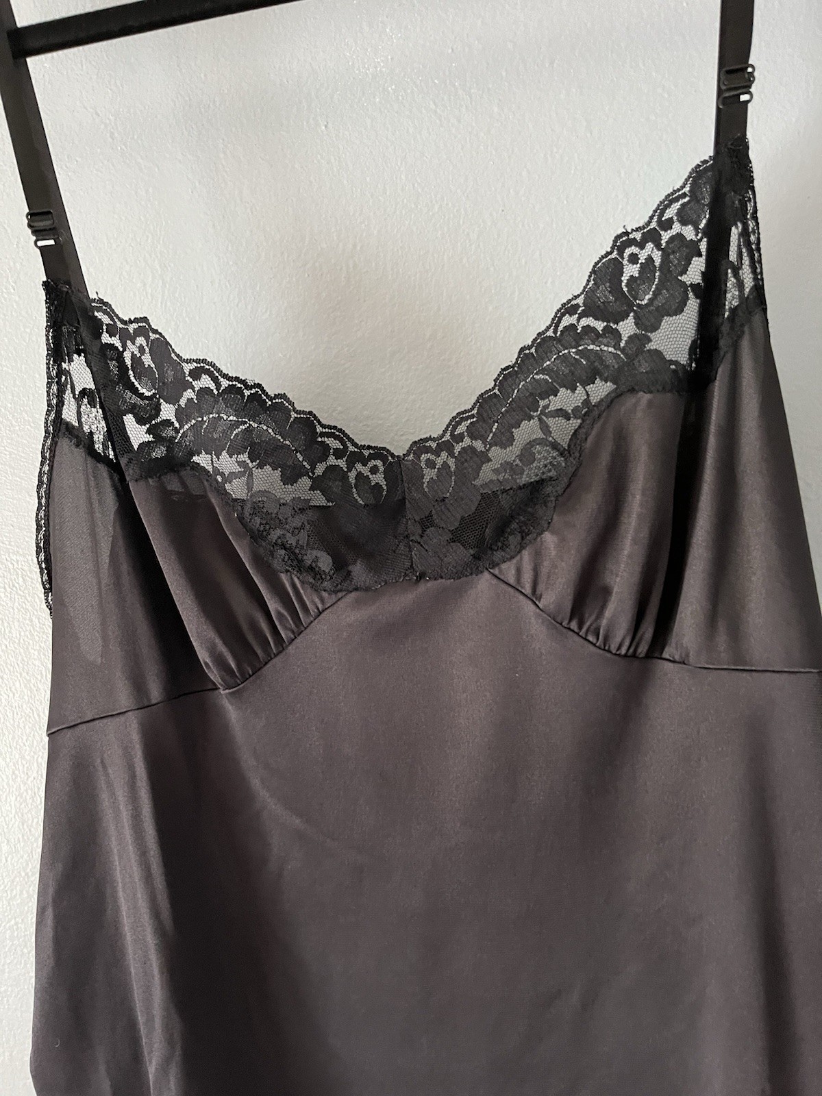 Vintage Vassarette Black Lace-Trimmed Satin Slip Dress Size 44/XL
