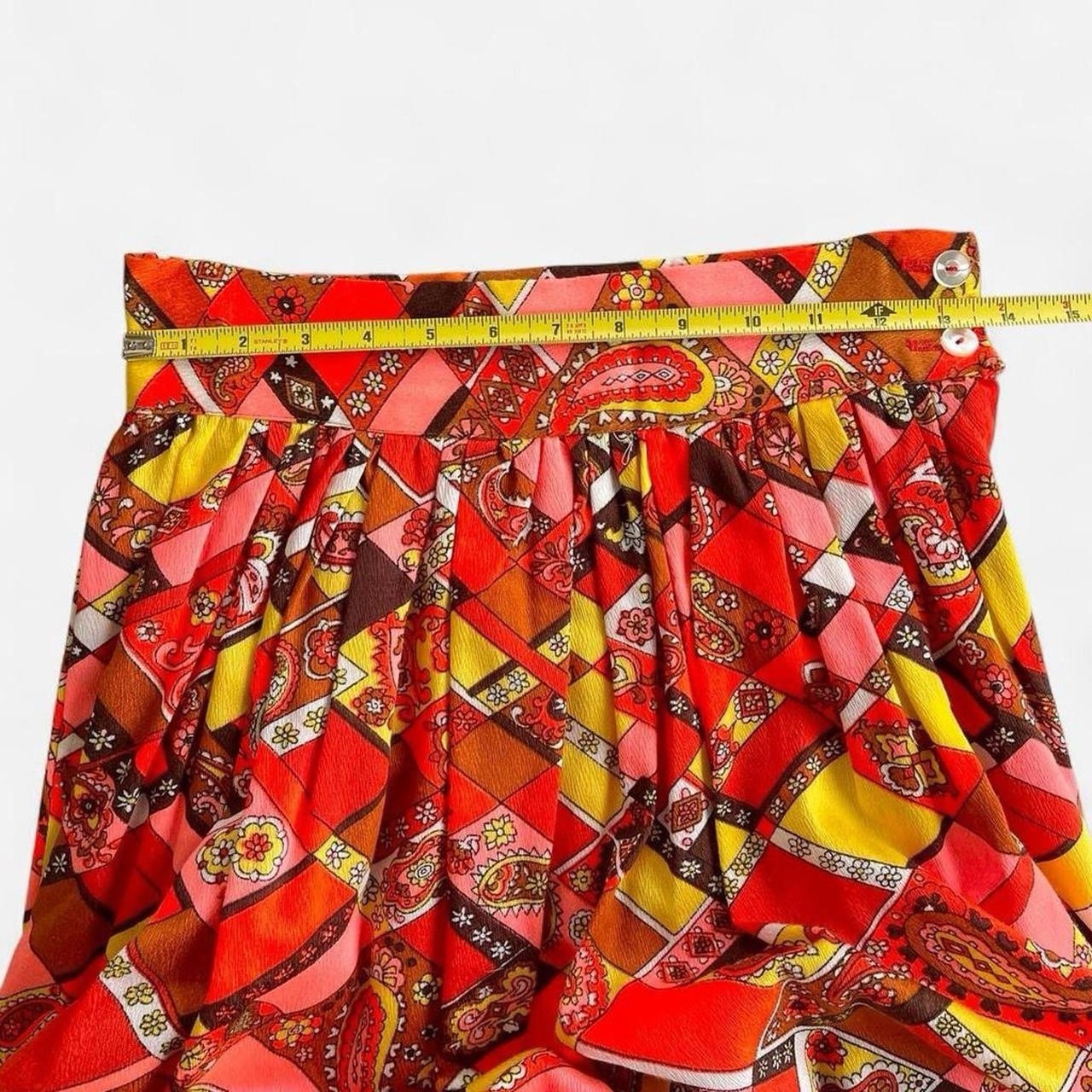 Vintage Retro 60s 70’s Polyester Paisley Orange Yellow Pink Brown A-Line Skirt