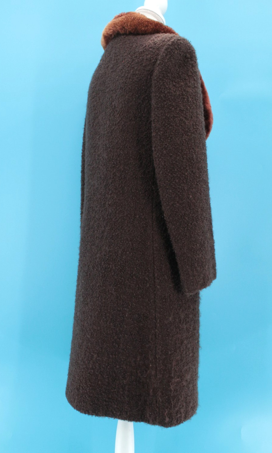 VTG Women’s 60s Dark Brown Boucle’ Wool Fur Collar Coat Sz S/M 1960s Mansfield