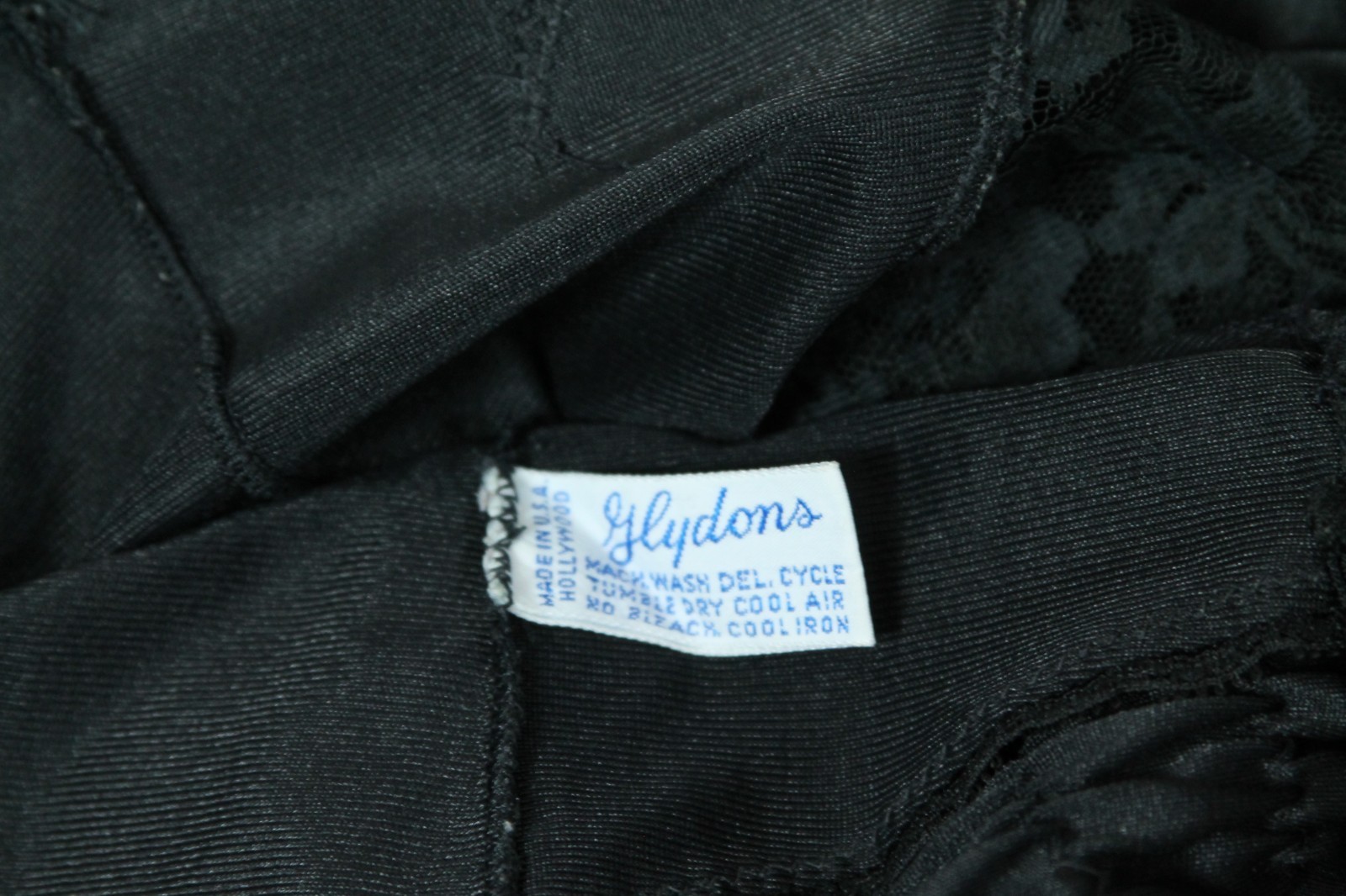 Vtg GLYDONS Made USA Hollywood Black Nylon Lace 2pc Peignoir Nightgown Robe M