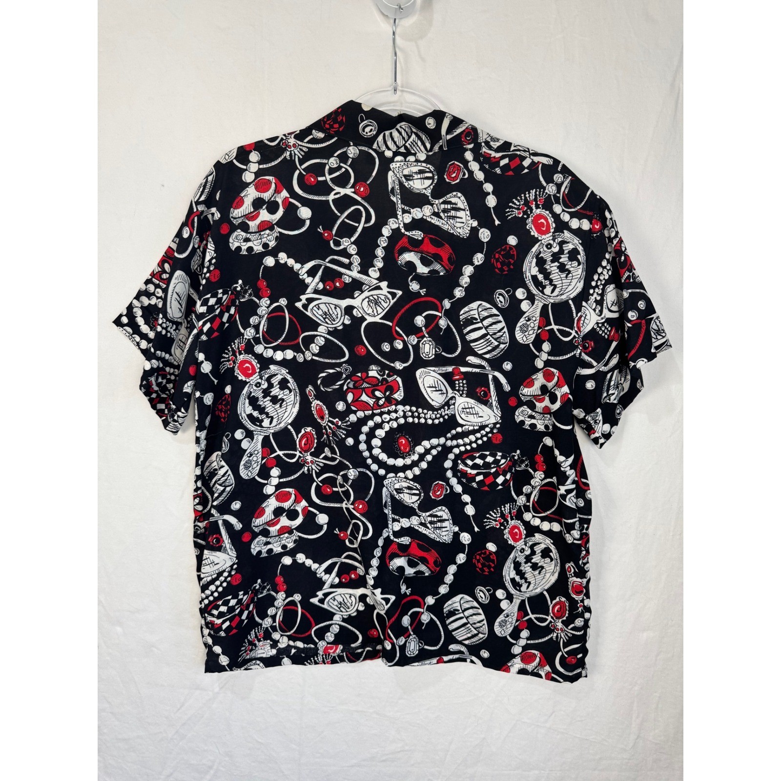 Vtg Traffic Jam Womens 90s Rayon Novelty Jewelry Print Blouse Red Black M