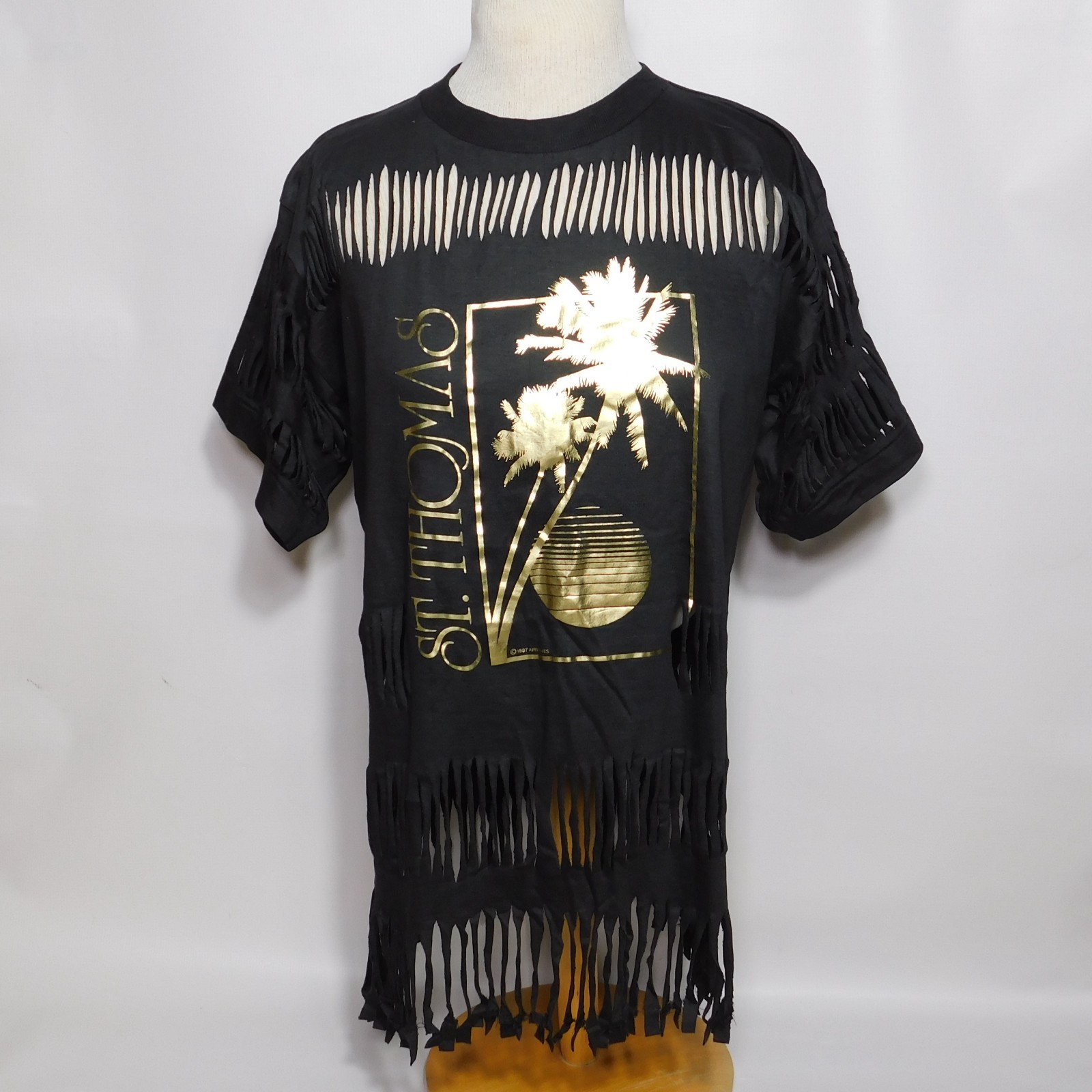 Vintage 1980s Shredded Fringe ST THOMAS 1987 Single Stitch Black T Shirt Size XL
