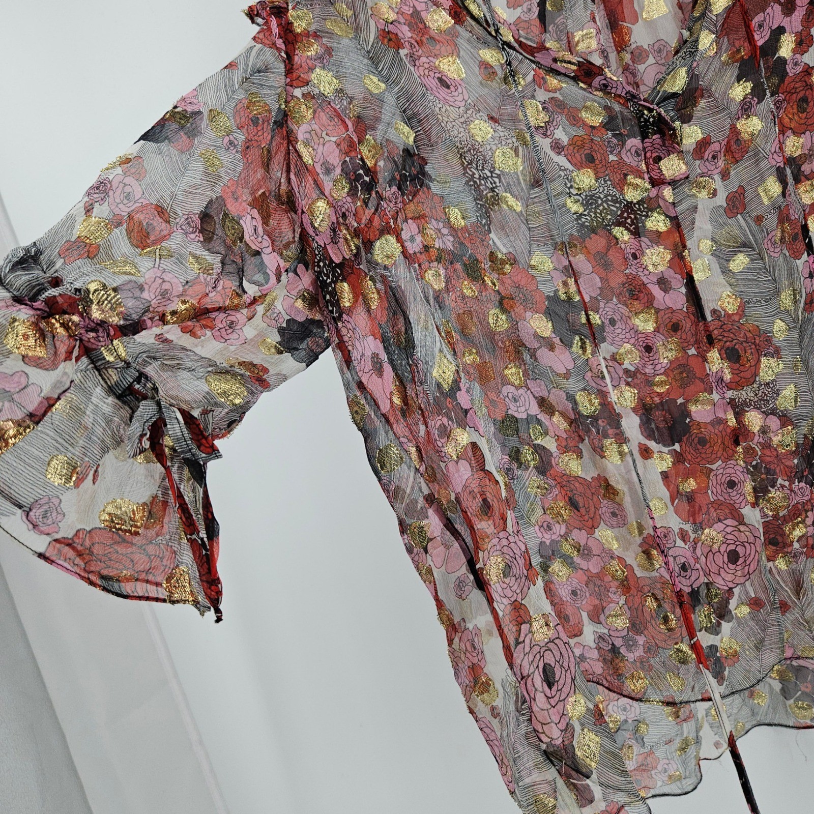 Alexander McQueen Silk Sheer Floral Blouse Maroon Gold Metallic Ruffle Peasant