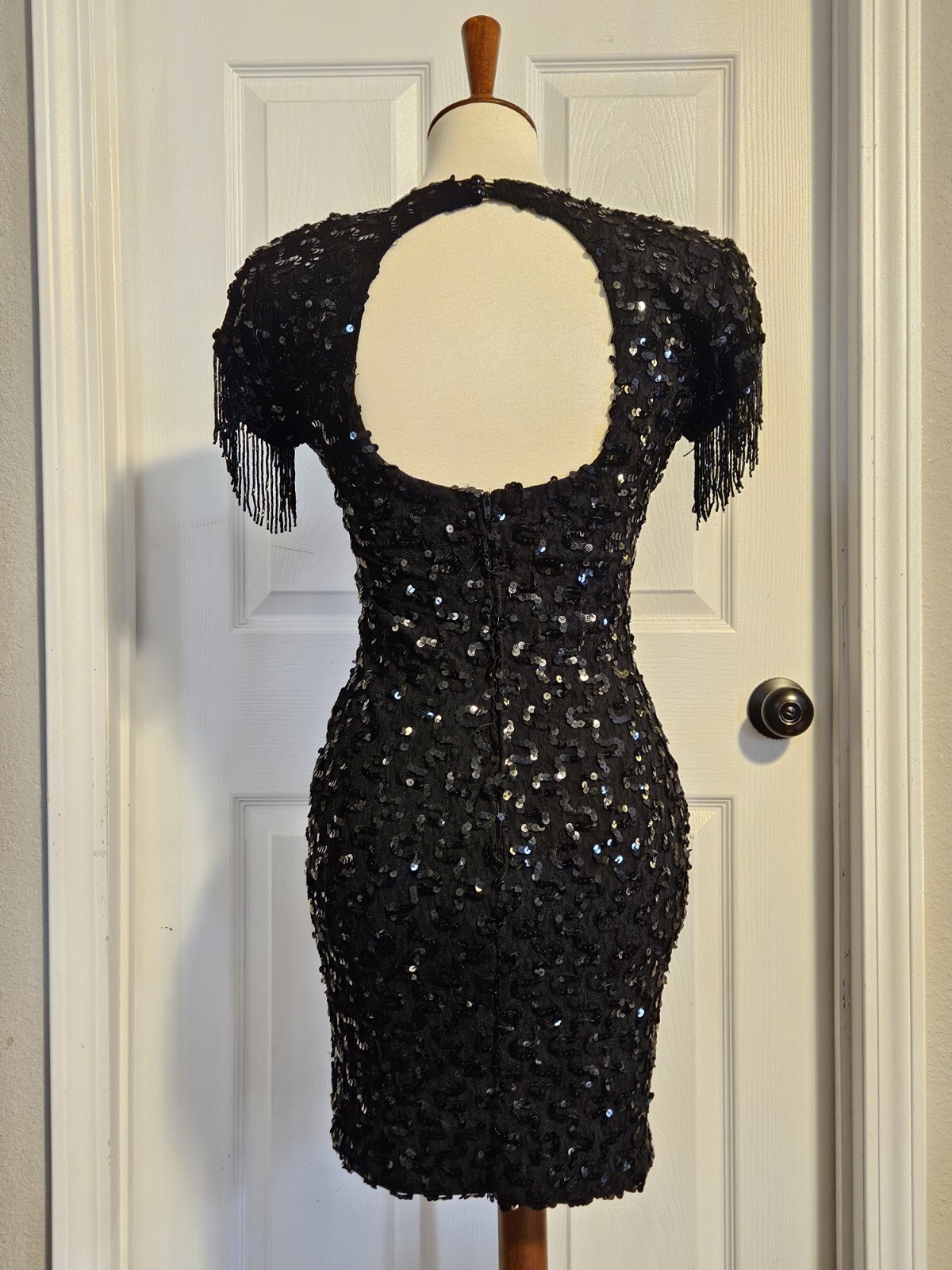 De Laru Vintage 80s Black Sequin Bead Fringe Party Prom Cocktail Dress Size 3/4