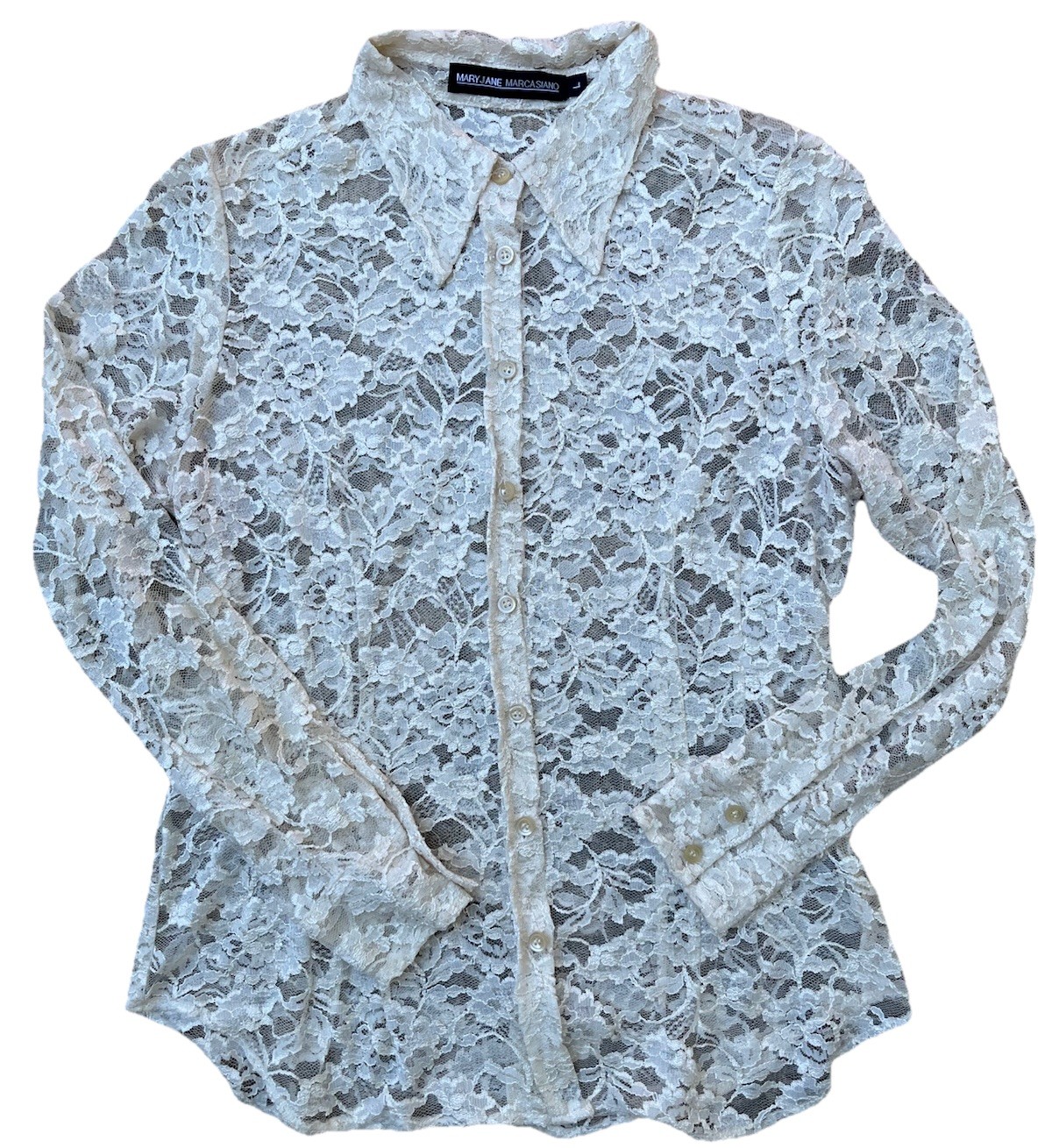 Vintage 90s Maryjane Marcasiano L White Cream Sheer Lace Button Shirt Blouse