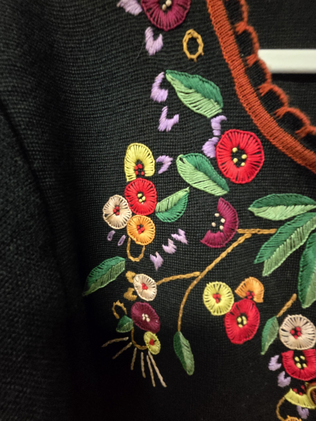 Vintage Floral Hand Embroidered Wool Blend Cardigan Sweater Boho Granny Core L