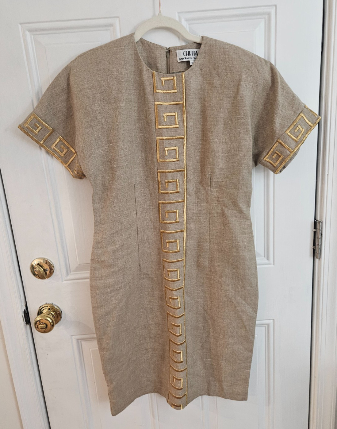 Vintage 80’s Chetta B Neutral Linen Dress w/Gold Metallic Embroidery, Sz.8, USA