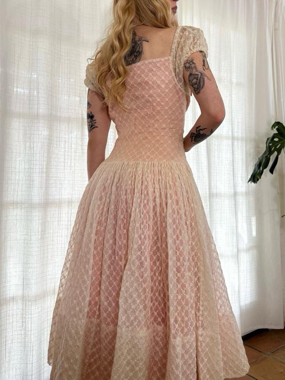 1940s blush pink puff sleeve fairy cottage princess floral appliqué party dress