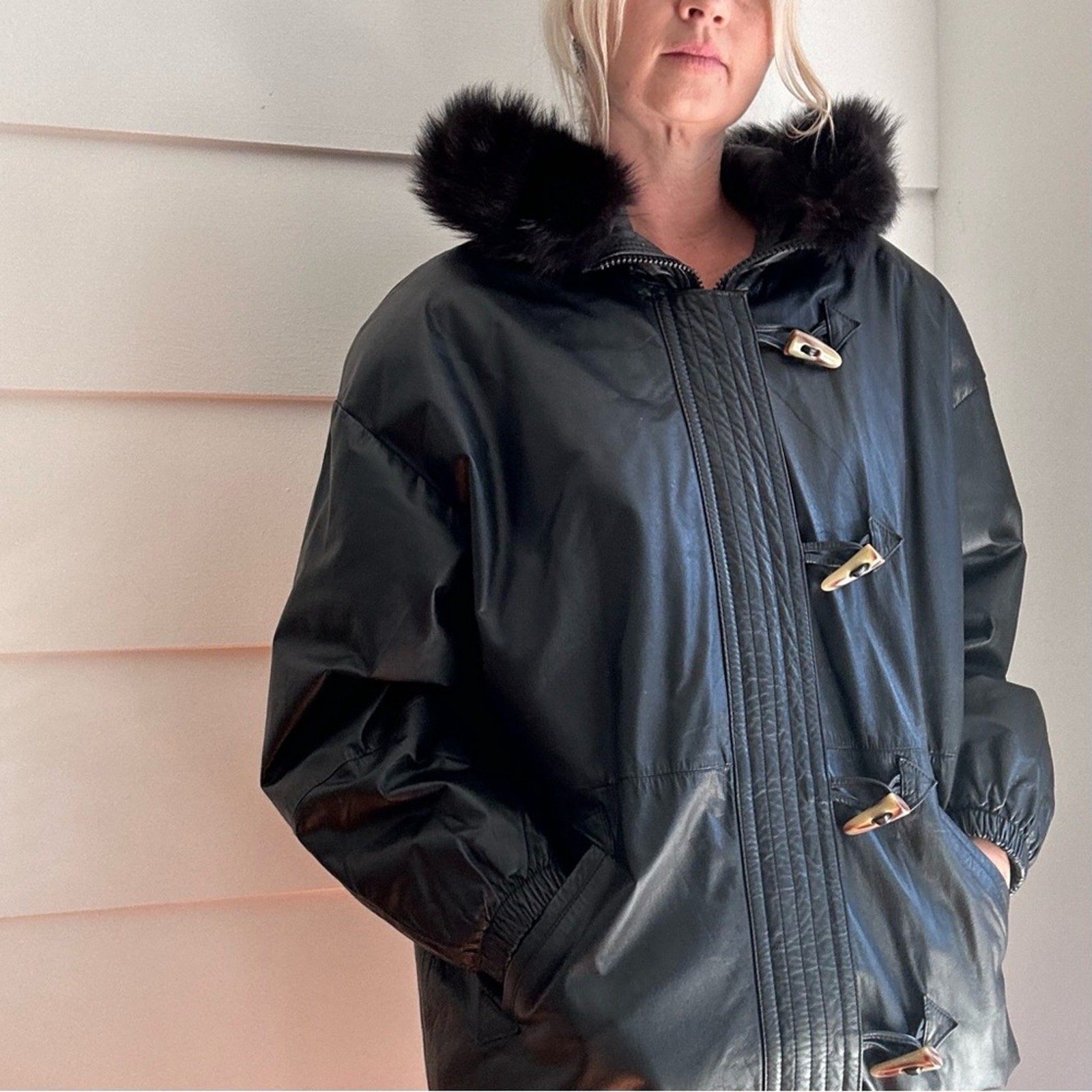 Vintage Black Leather Coat with a Faux Fur Trimmed Hood Jacqueline Ferrar