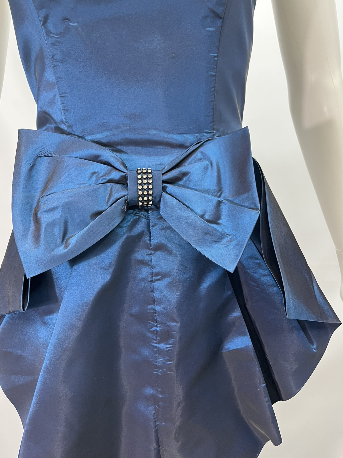 80s Vtg Roberta Party Dress Blue Iridescent Taffeta Bow Rhinestones Prom Wiggle