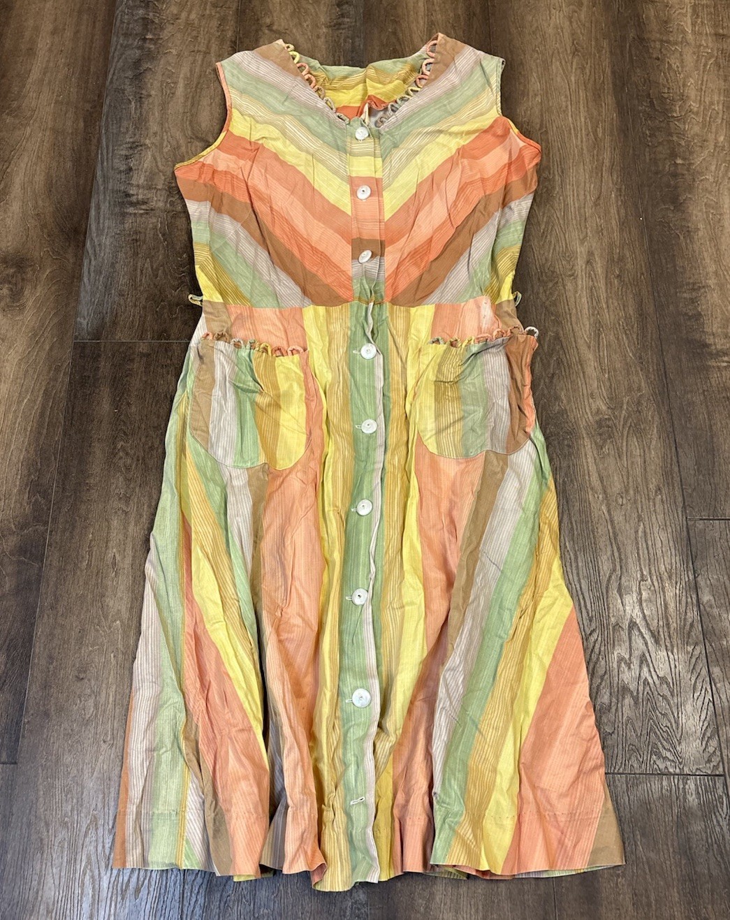 Vtg Penney’s Brentwood Striped Day Dress Women’s Medium Button Sleeveless 60s