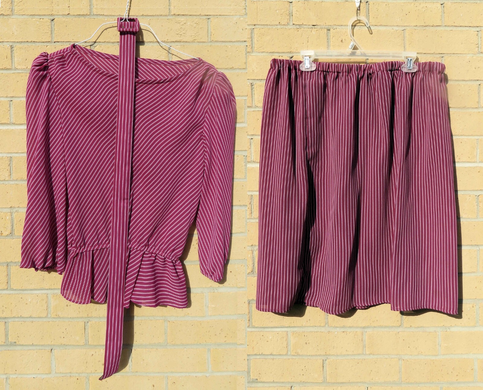 3 Pc Wine Red & White Boat Neck Dress Set (Top, Skirt, Belt) 3/4 Sleeve, size 13