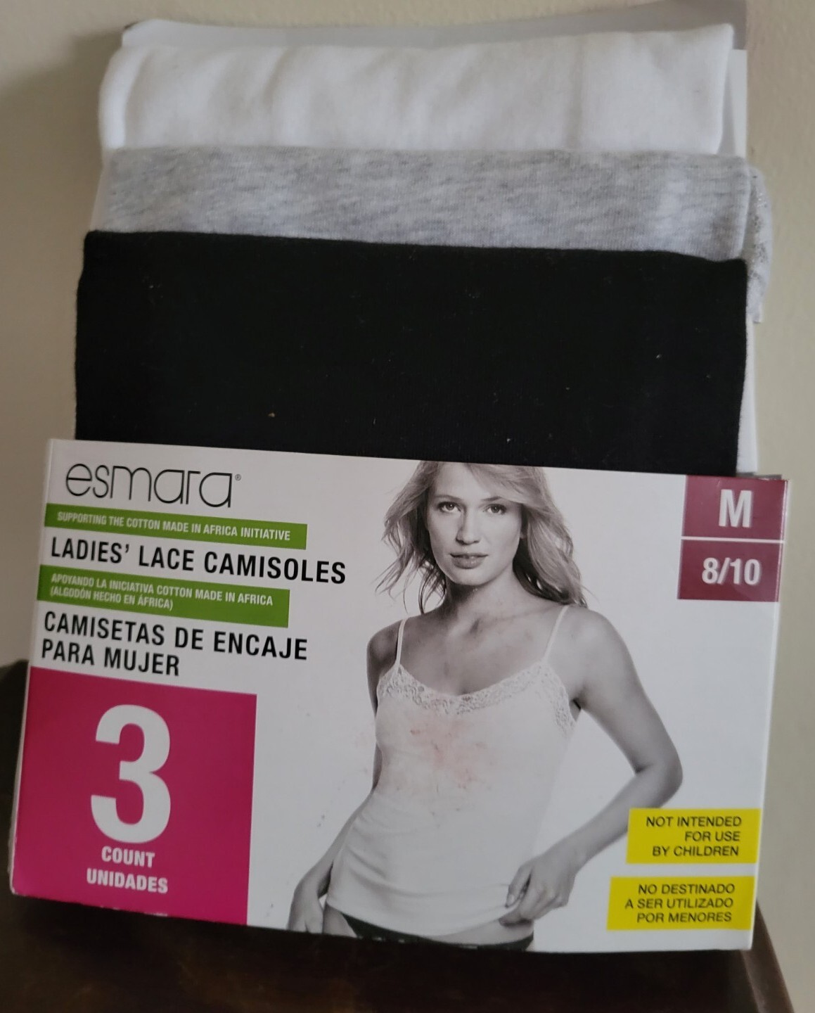 Esmara 3 Camisoles Lace Trim White, Gray & Black Med 8/10 Cotton from Africa New
