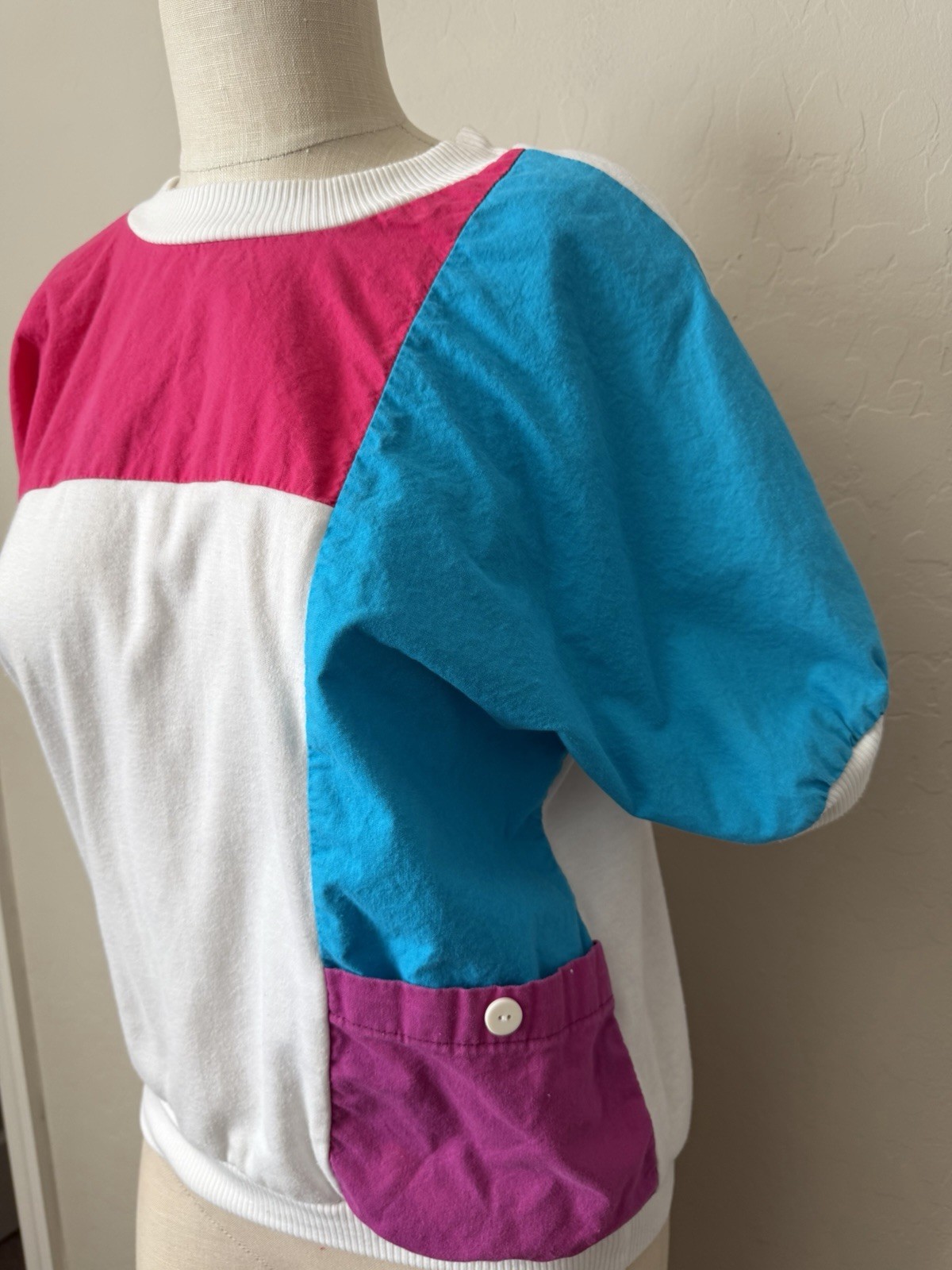 Women’s Vtg 80s Party Color Block Shirt Medium White Teal Pink Purple Costume