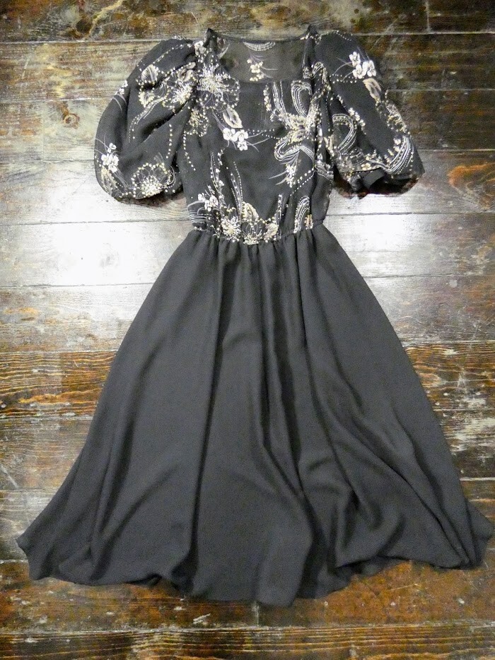 80s Vintage CONNECTIONS Black Puff Sleeve Silver Gold Glitter Dress ILGWU Small