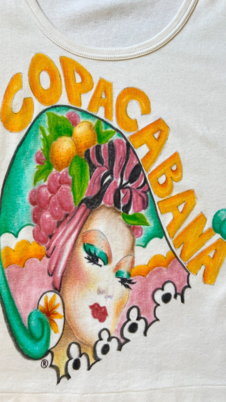 Vintage 1970s 70s Hand Painted Copacabana Carmen Miranda Wearable Art Tshirt Tee