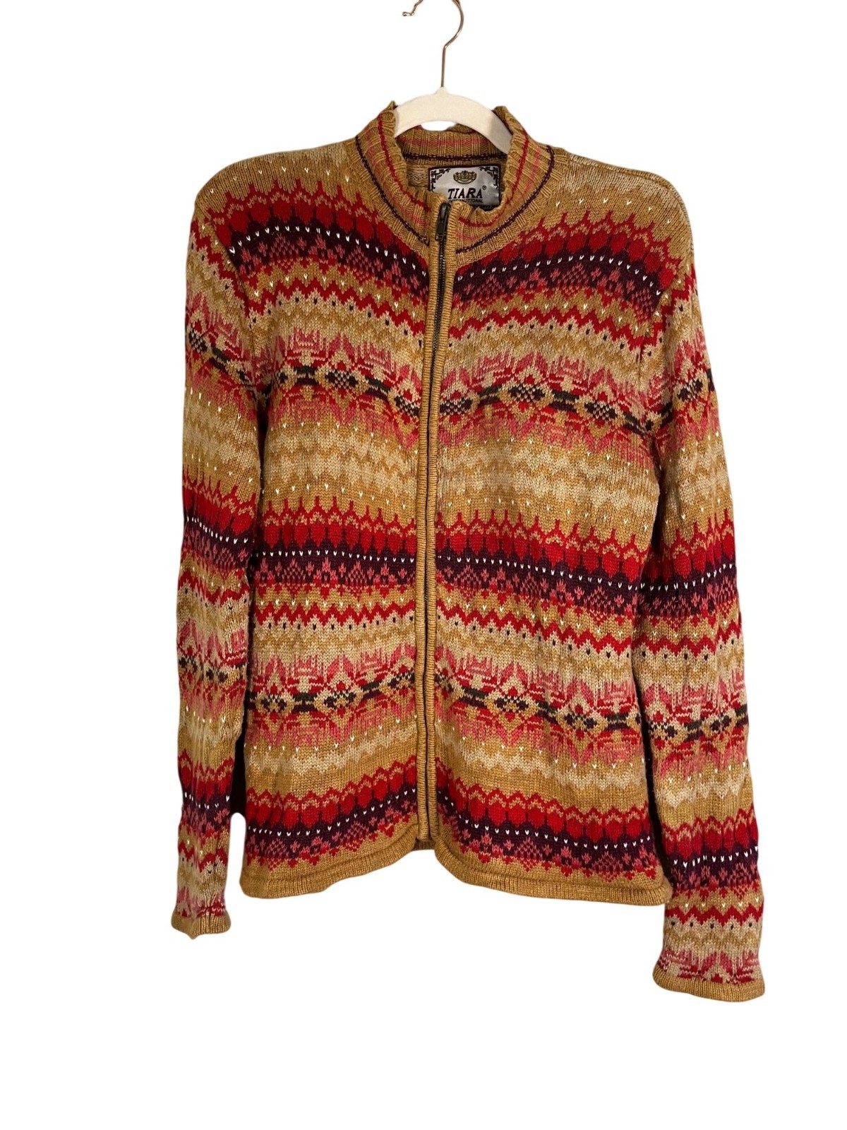 Tiara Colorful Nordic Fair Isle Knit Sweater Brown S Boho Indie Festive Chevron