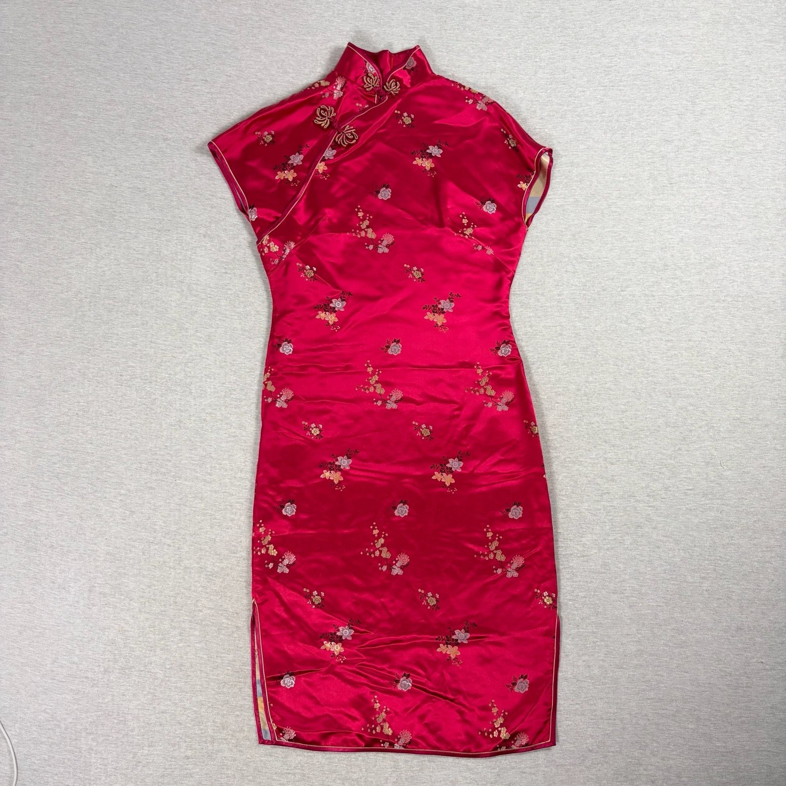 Vintage Peony Brand Shanghai China Red Floral Satin Cheongsam Qipao Dress