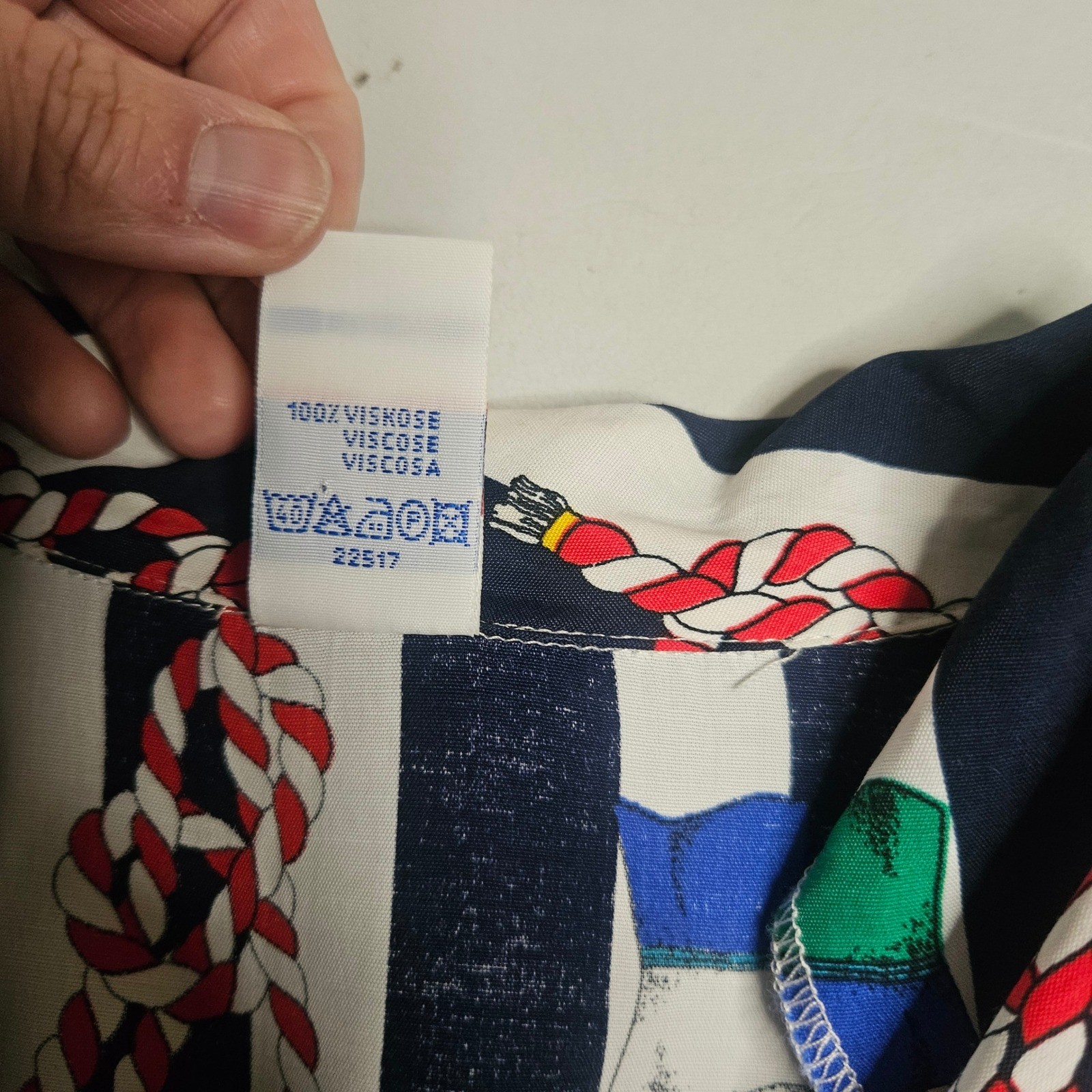 Vintage C&A Nautical Stripe Rope Flag Print Viscose Button Up Shirt Navy EUR 40