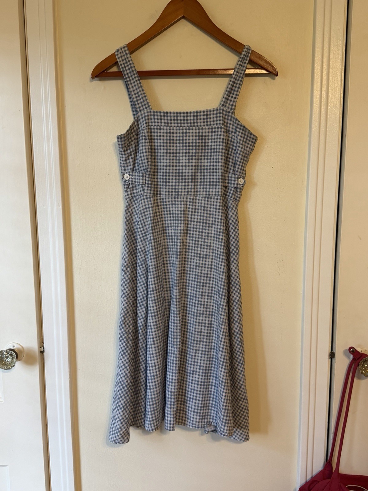 Vintage Gingham Midi Dress Blue White Check Farmhouse Cottagecore Handmade Dress