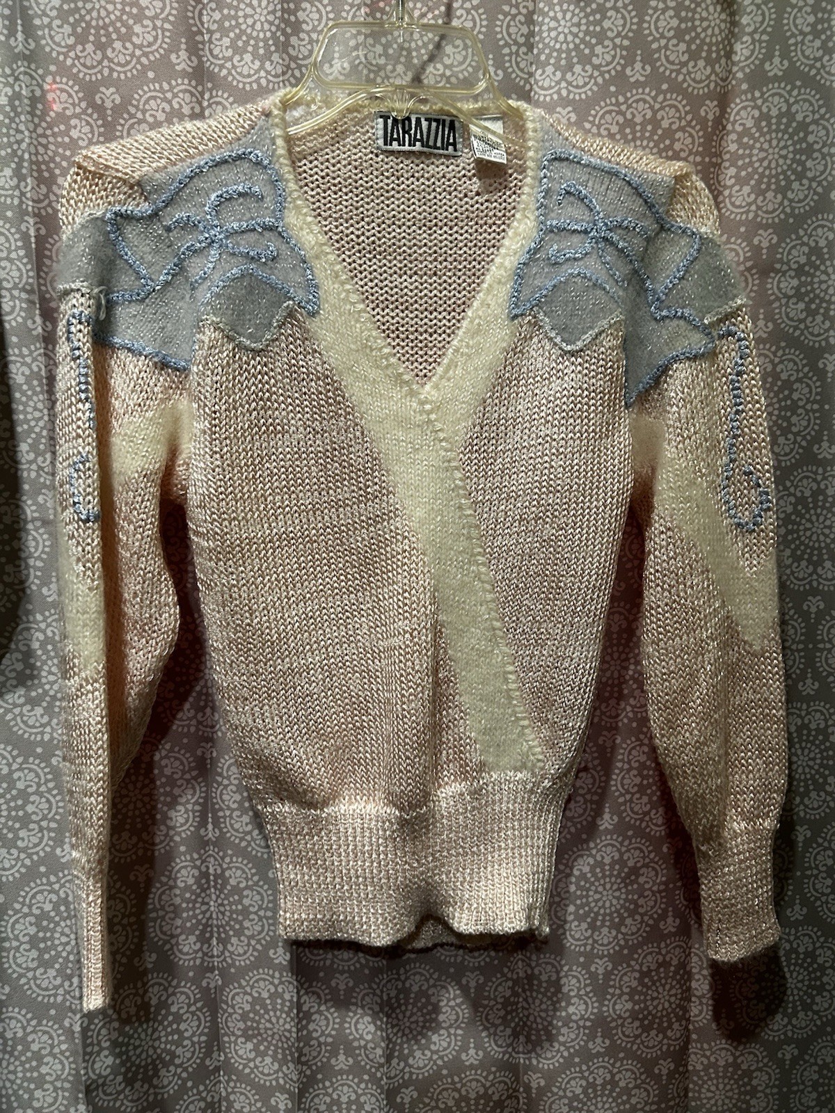 80s Y2K Lambswool Angora Sweater Vintage Vneck Bows Woman’s Small Cottage Core