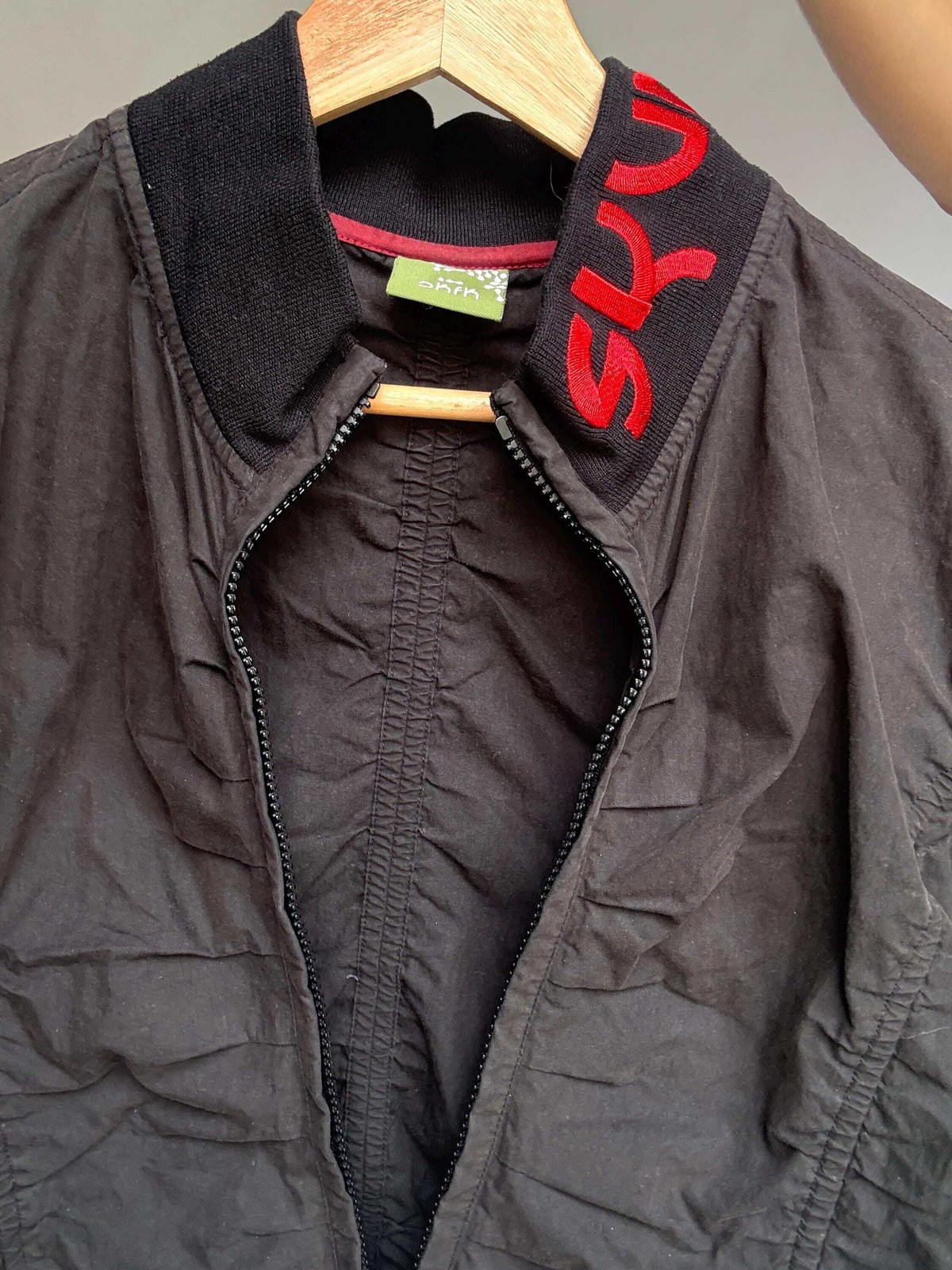 Skunkfunk zip-up bomber jacket – ruched black jacket in cotton blend – YKK zippe