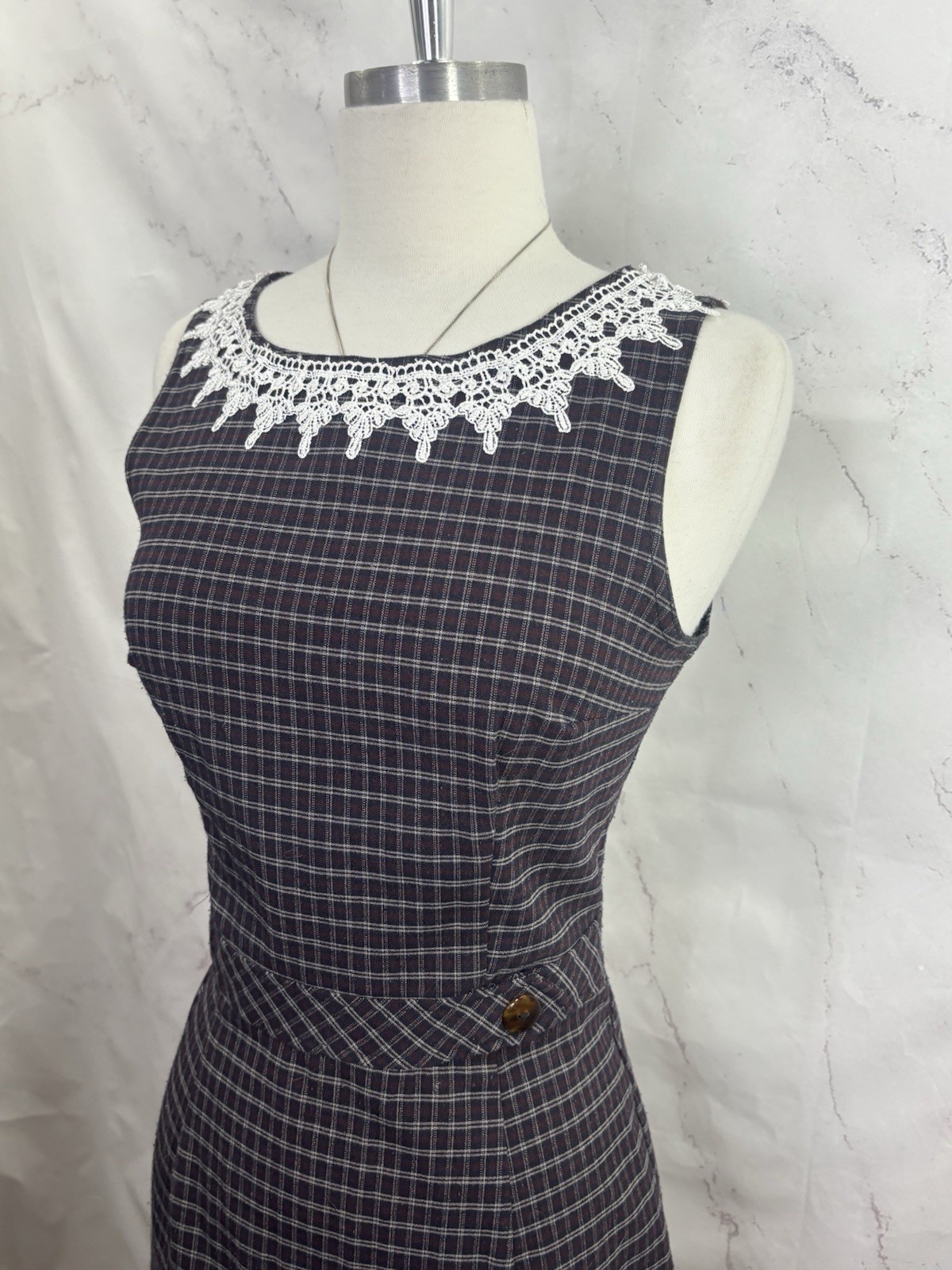 Vintage 90s Checkered Sleeveless Mini Dress Preppy a-line Dark Academia Grunge M