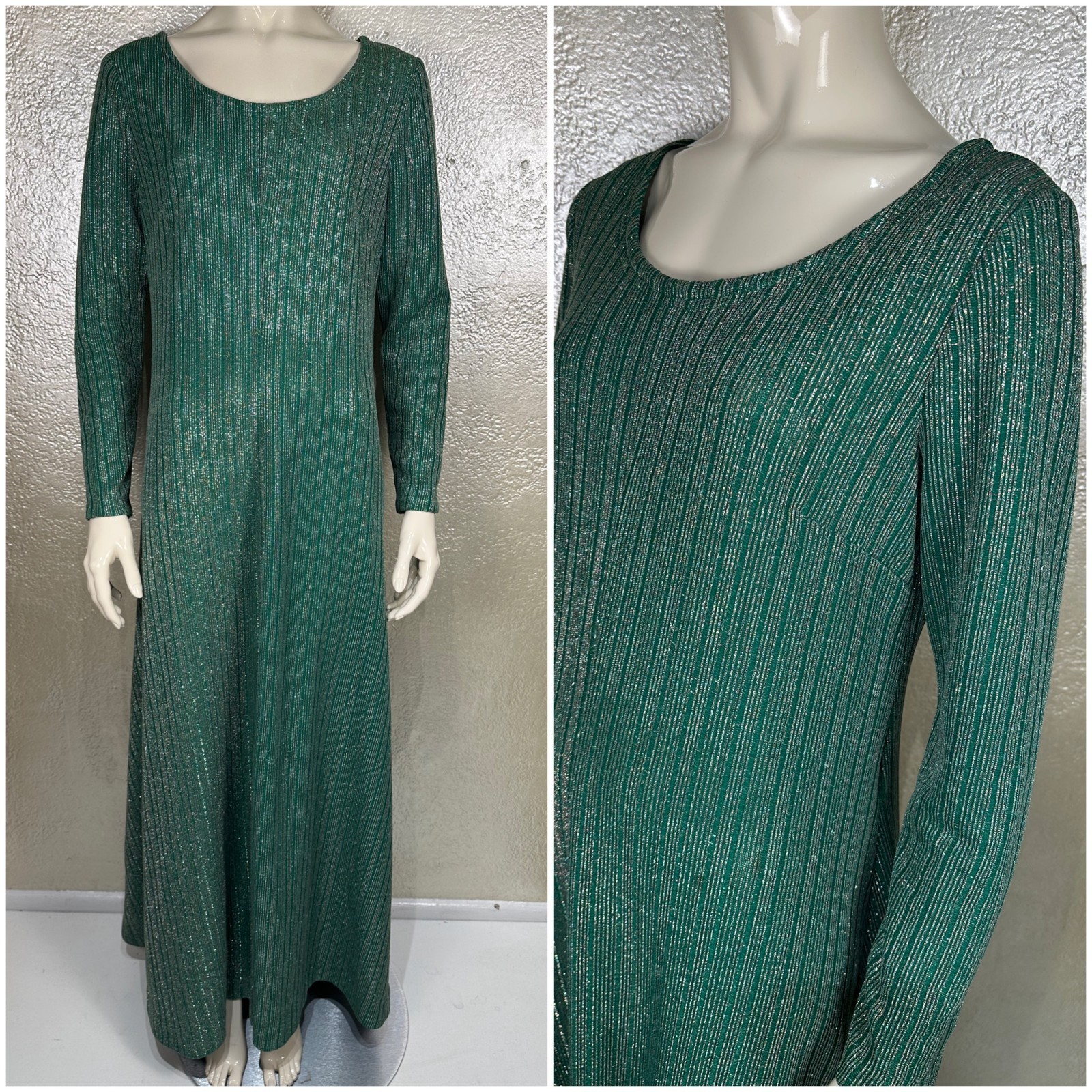 Vintage 1970s Ladies Handmade Green Sparkle Maxi Dress Long Sleeve Retro MOD L