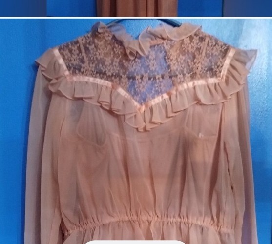 Vtg 1970s Handmade Peach Apricot Lace Ruffle Cottagecore Maxi Dress Sz 4/6 S