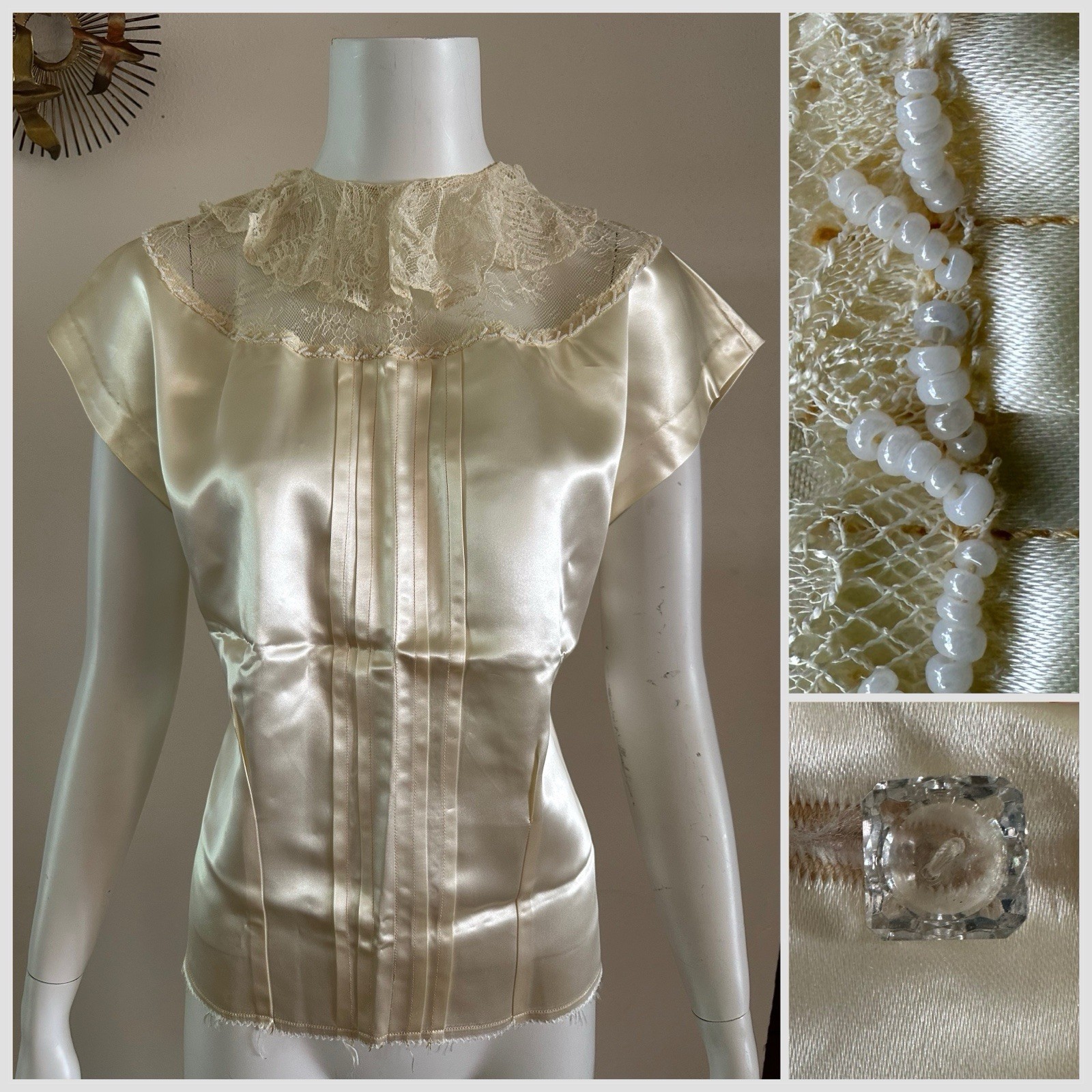 1940s Liquid Satin Lace Ruffle Collar Beaded Blouse Back Button Top VTG