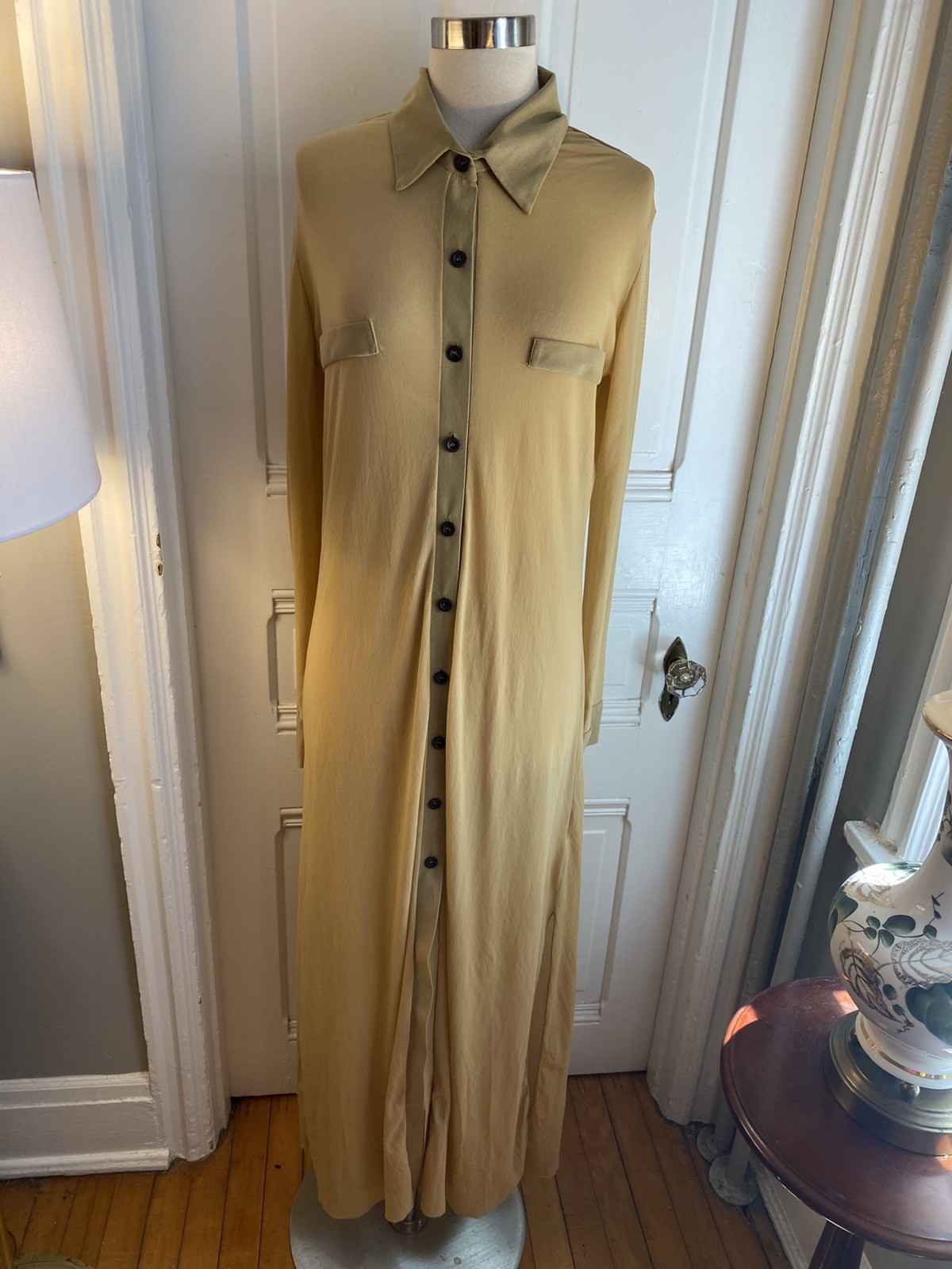 PETIT POIS BY VIVIANA G LONG A-LINE BEIGE DRESS-SIZEL-100% NYLON-BUTTON FRONT!!