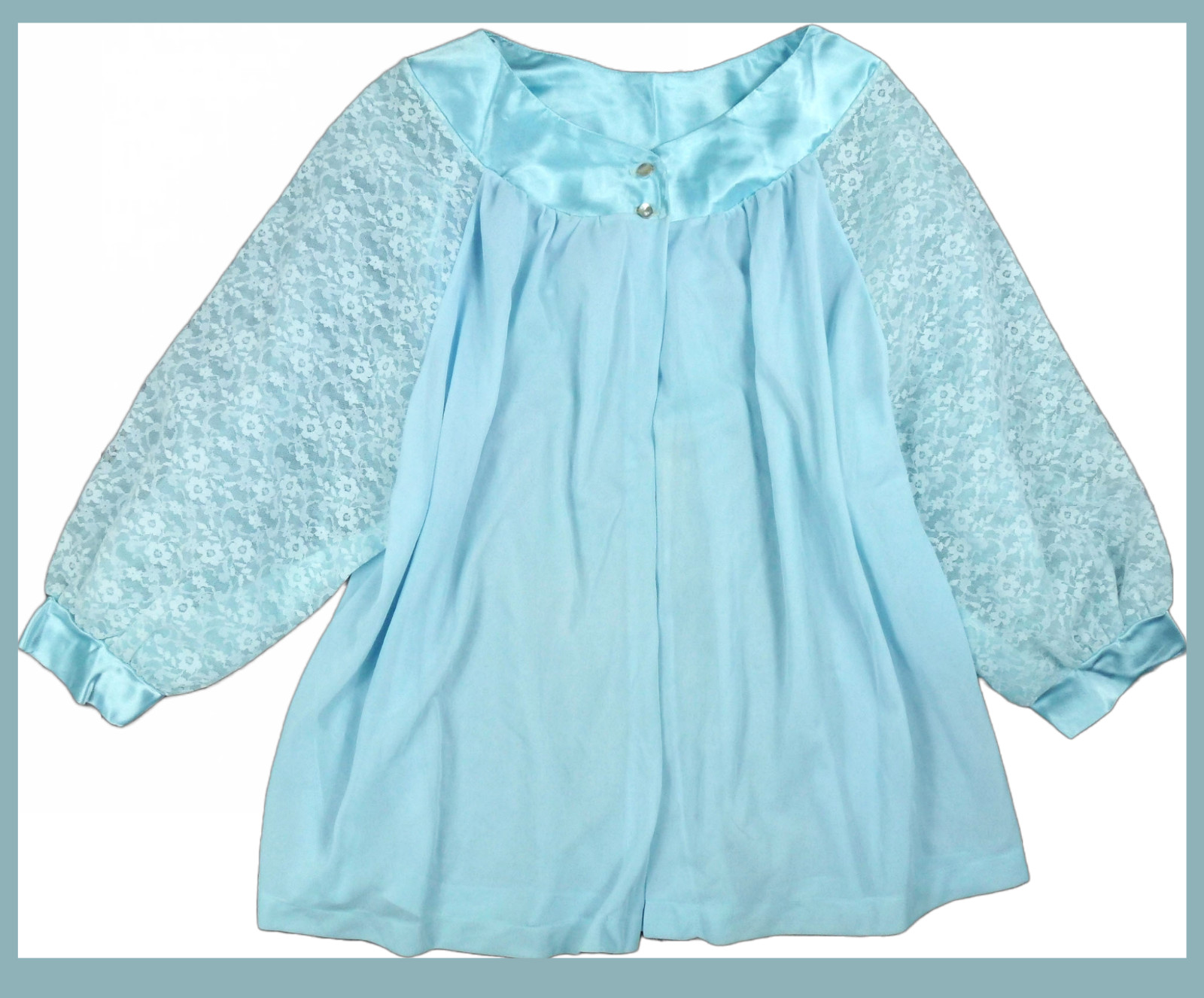 Stunning Blue lace Sleeve Vtg Evette nylon satin Bed Jacket Sz Medium