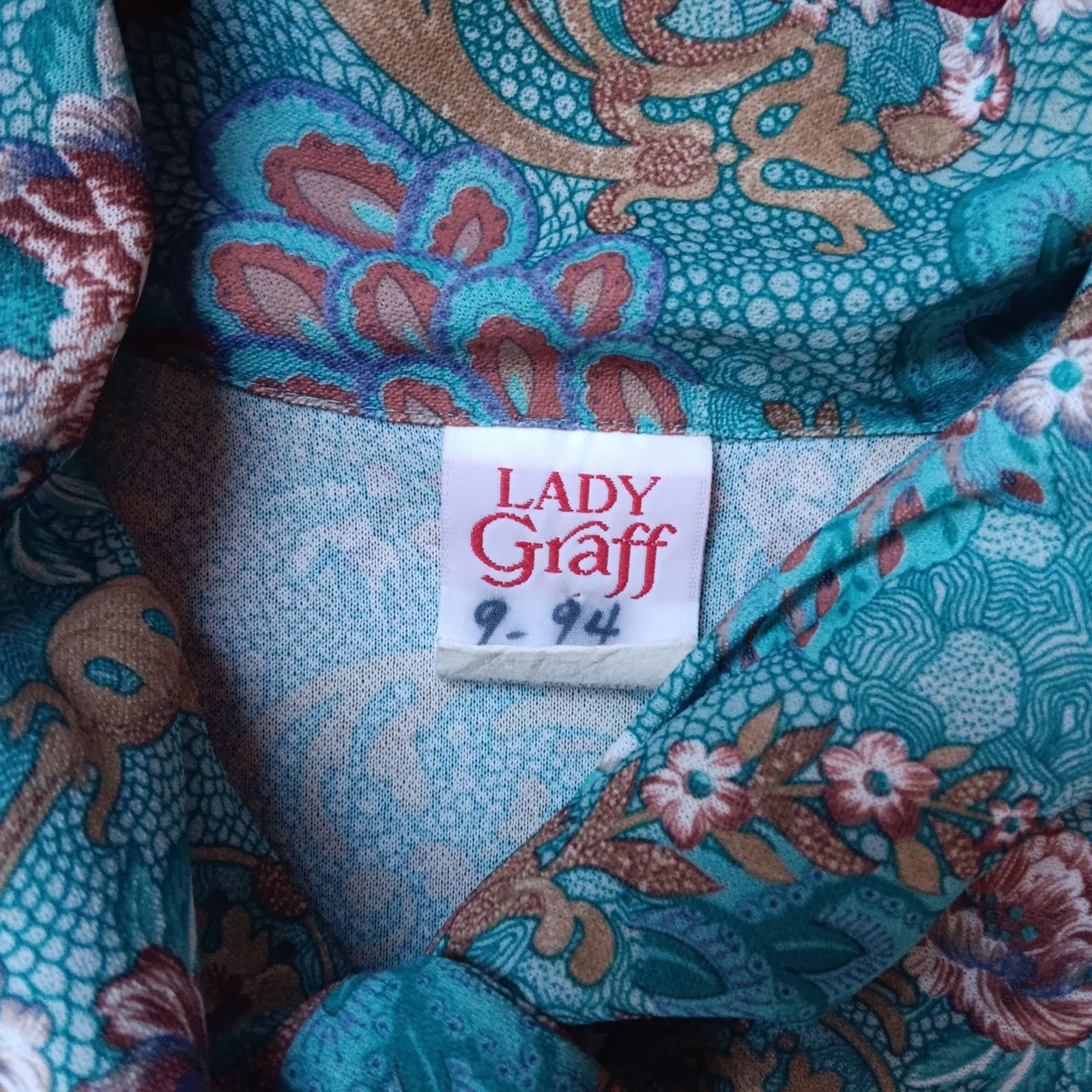 True Vintage Women’s Secretary Blouse XL 80s Graff Turquoise Paisley Tie-Neck