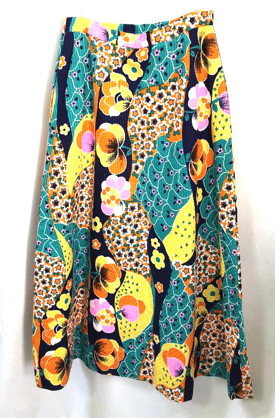Malbe Originals 60s Vtg Quilted Maxi Skirt FAB bright multi color print sz 13-14