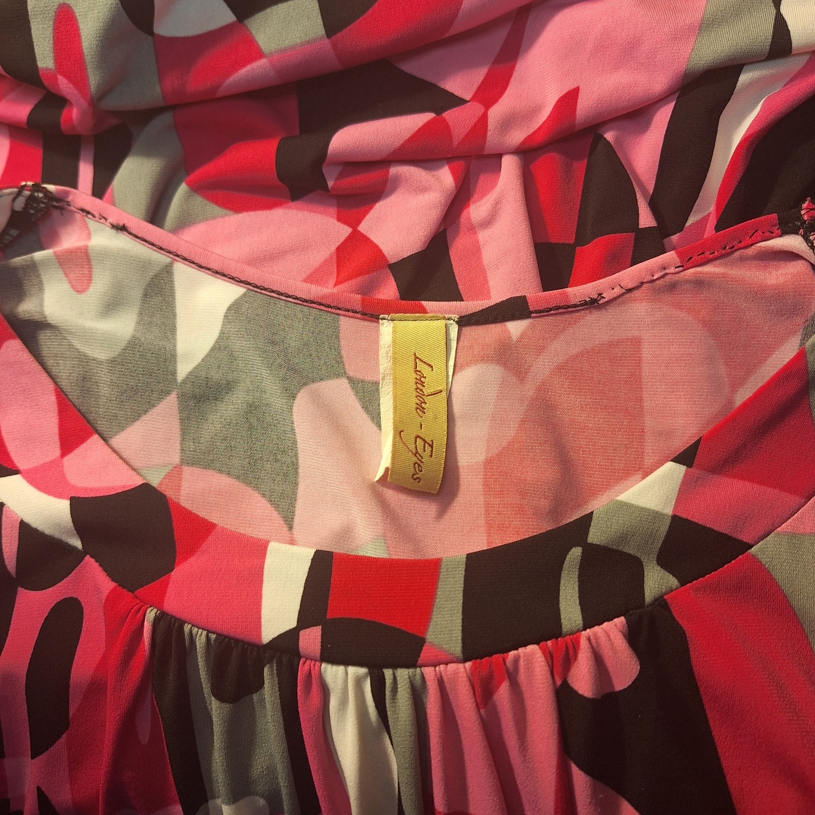 Vintage Dress By London Eyes Pink-Black Multi Dress Abstract, Retro, Vivid.