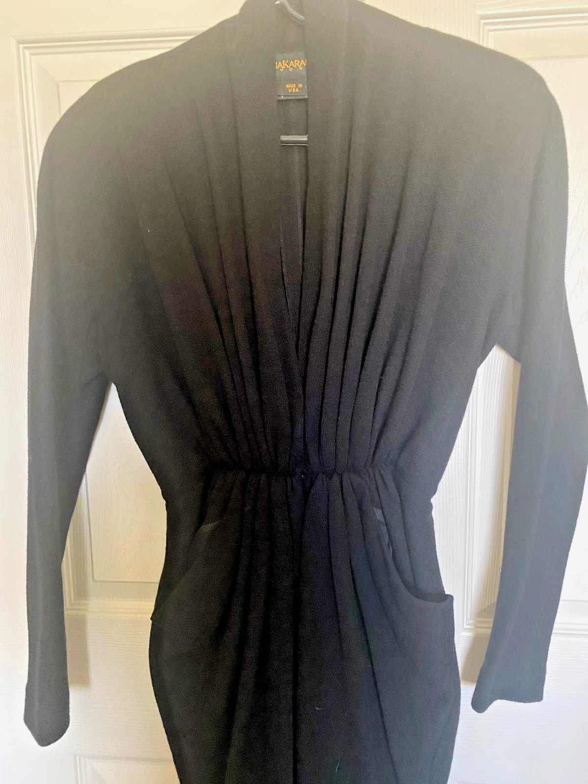 Vintage 80s Donna Karan Black Wool Pleated Draped Waist V Neck Sheath Dress L