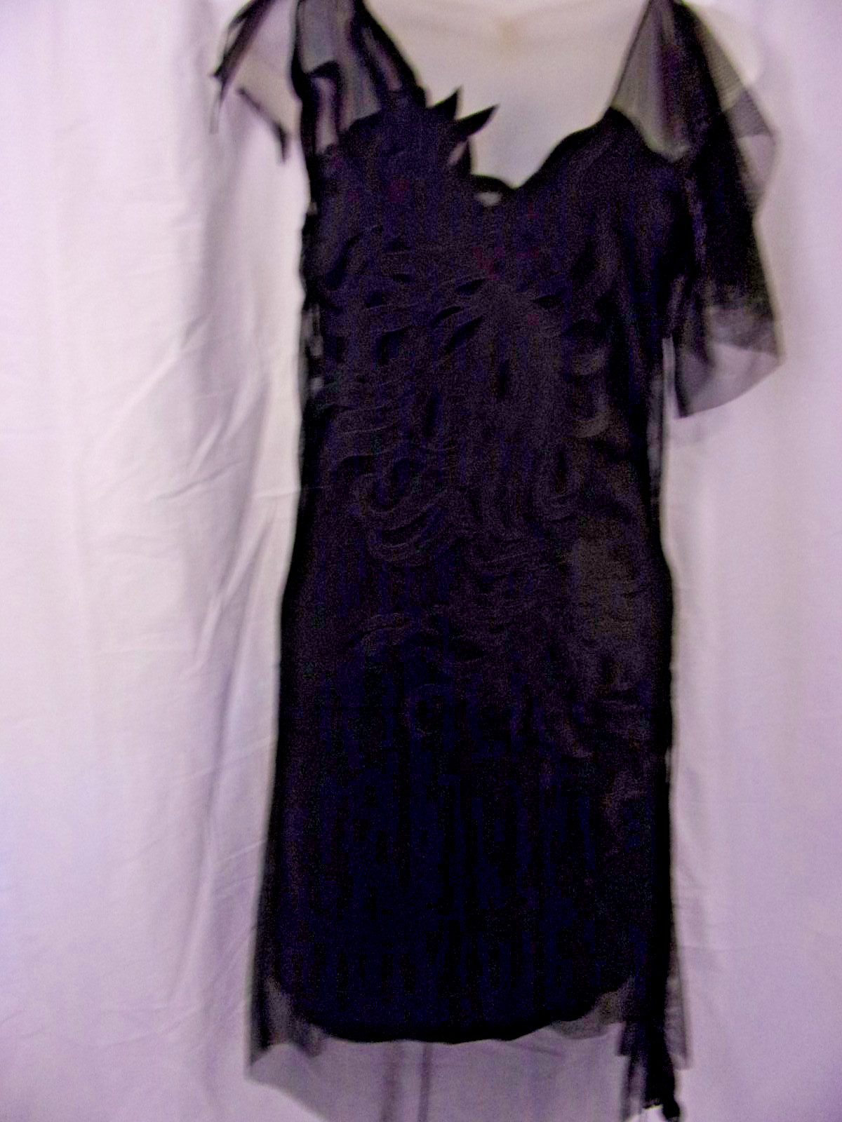Vintage Vivienne Tam Black Mesh Dress Flower Appliques Drawstring 0 Beautiful
