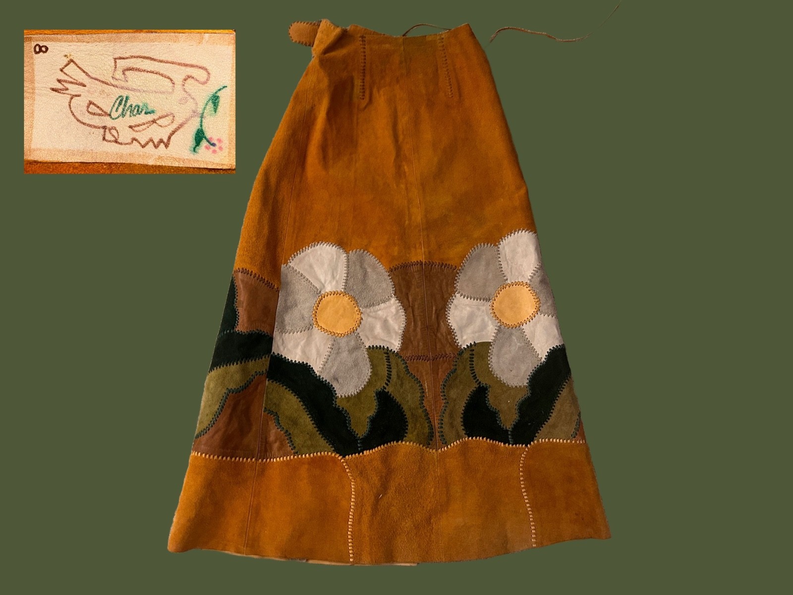 super rare mid 1960s – late 1970s leather char wrap floral hand painted skirt