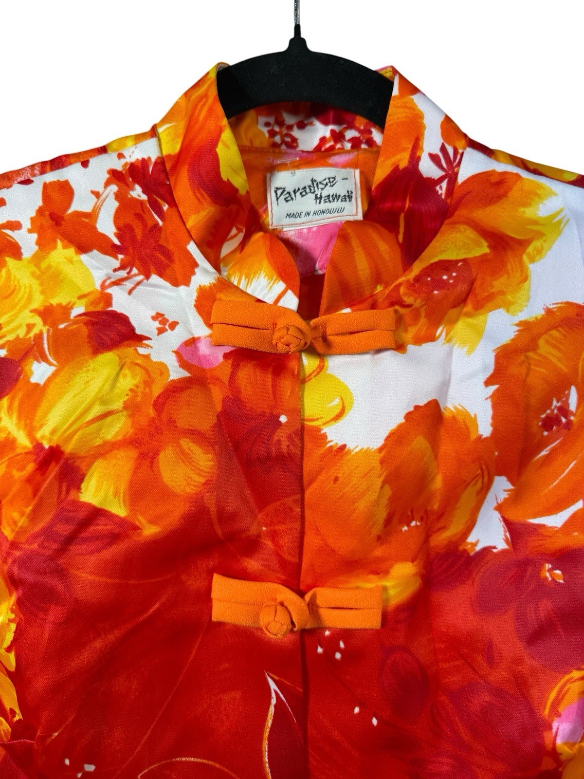 Vintage 60s Paradise Hawaii Tea Timer Mandarin Collar Blouse Frog Closure Flower
