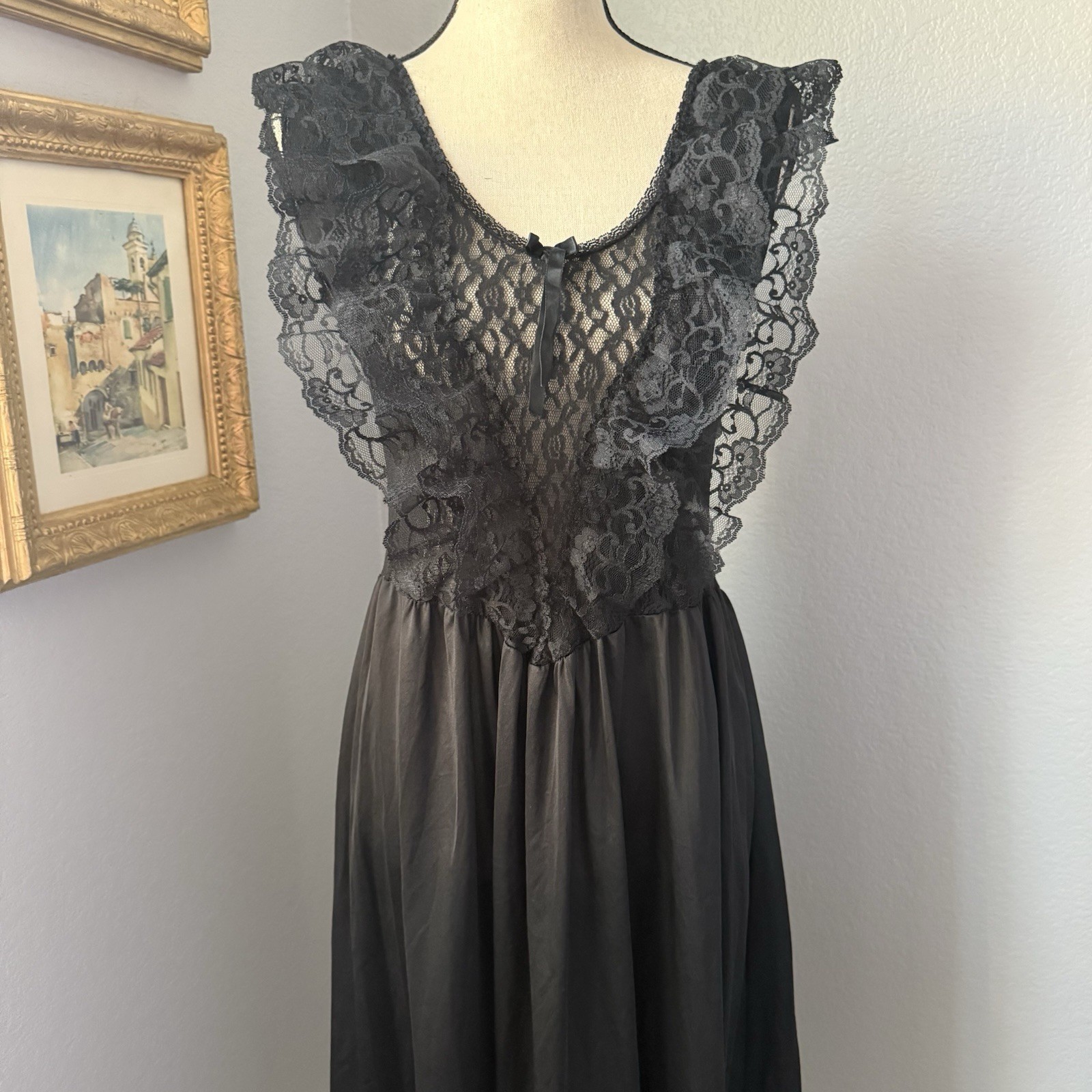 Vintage Black Nylon Slip Dress Dark Coquette Babydoll Lace Festival Rave Witchy