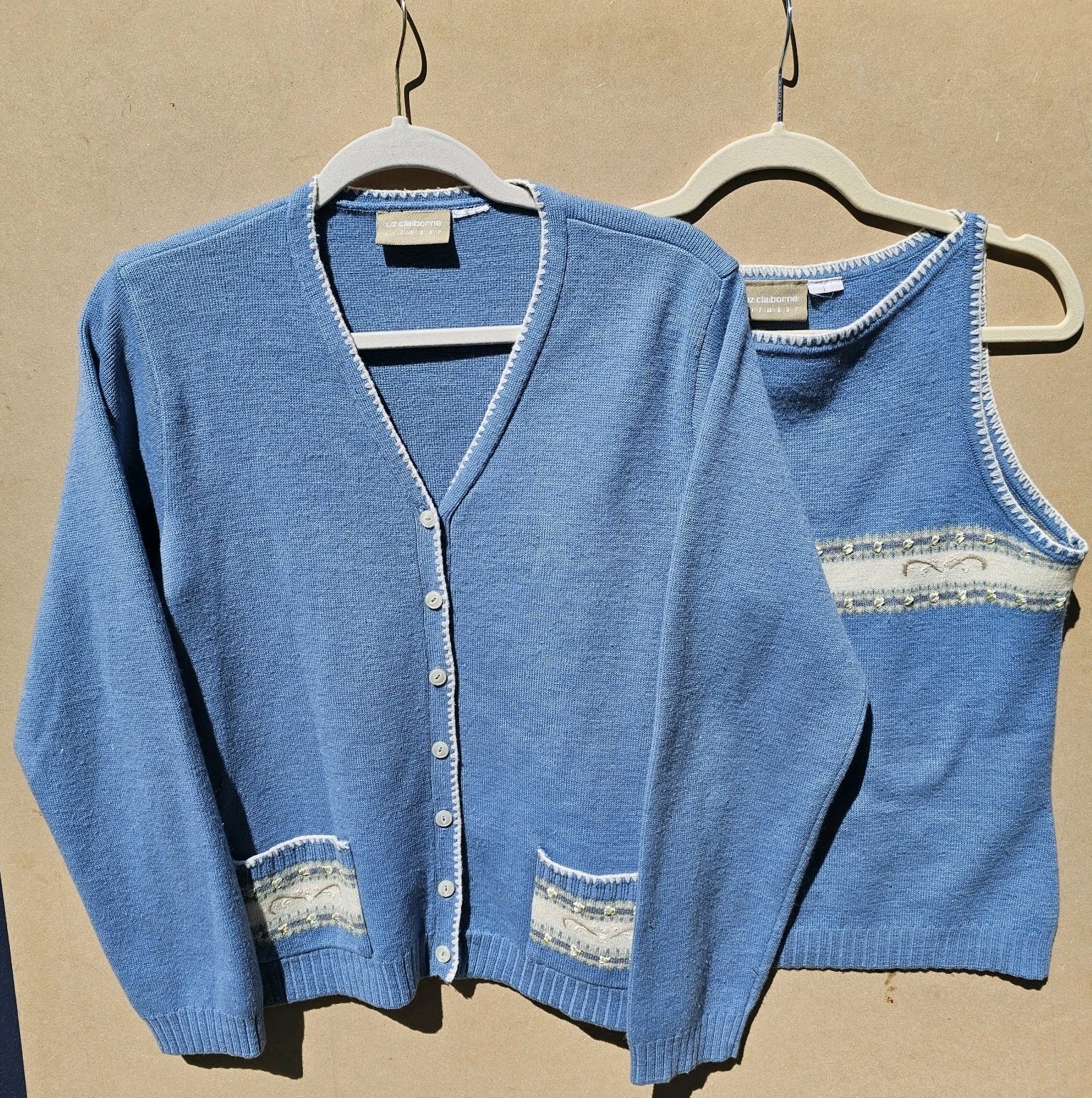 Vintage Y2K Cottagecore Embroidered Blue Cream Wool Blend Sweater Vest Set Large