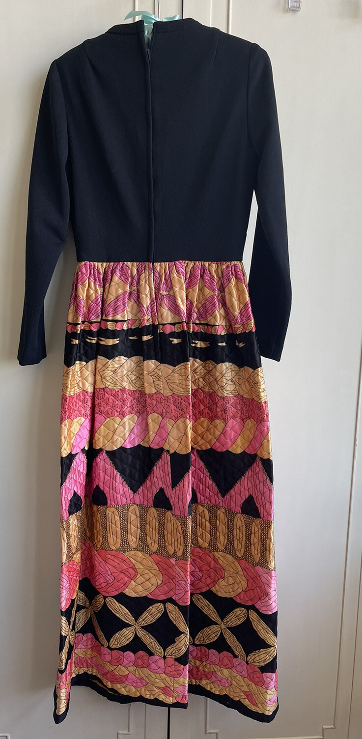 Vtg MCM 1960s EVE LE COQ Maxi Dress S/M Boho Hip Chic Black Pink MAD MEN ERA