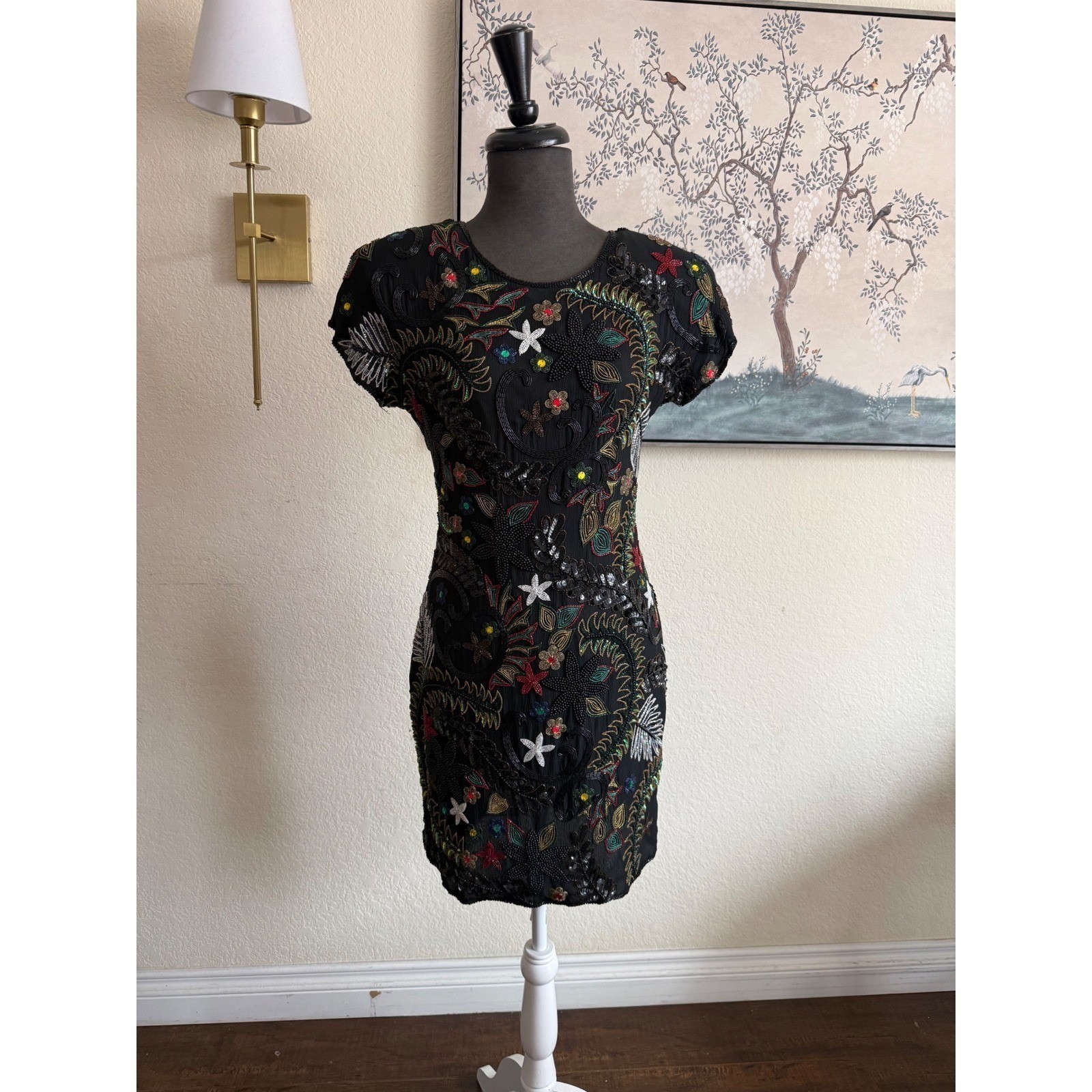 Pure Allure whimsical fairy Vintage Beaded Silk Mini Dress Black Floral Sequin