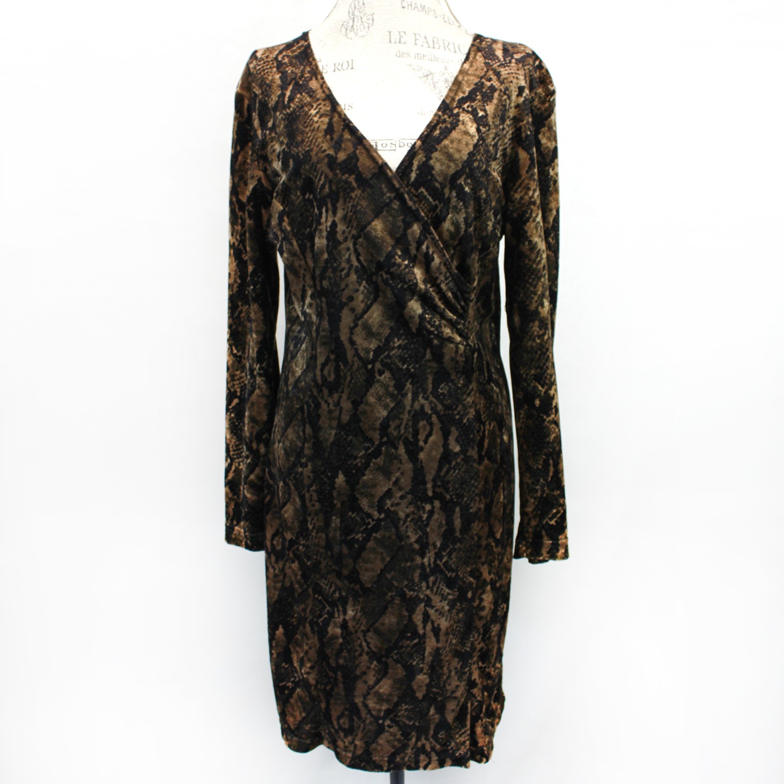 Vintage Carole Little Velure Snake Print Rayon Crepe Sheath V-Neck Dress Size 12