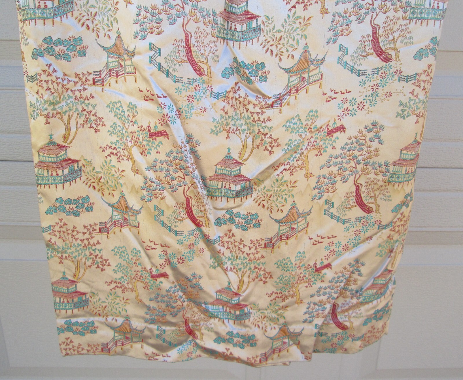 Asian Silky Cocktail Dress Peach Red Yellow Turquoise Blue Landscape Vintage