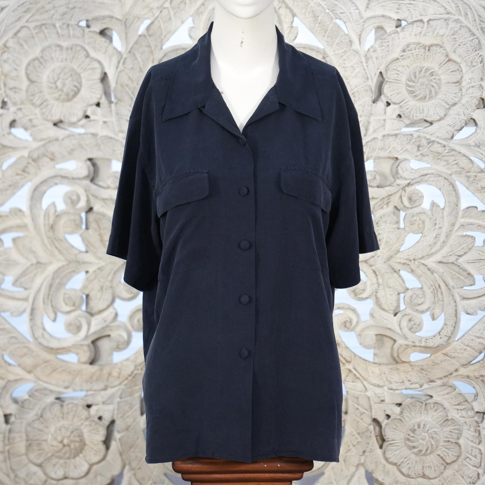 Vintage Peter Martin Navy 100% Silk Shirt Women’s M Boxy Fit Camp Collar