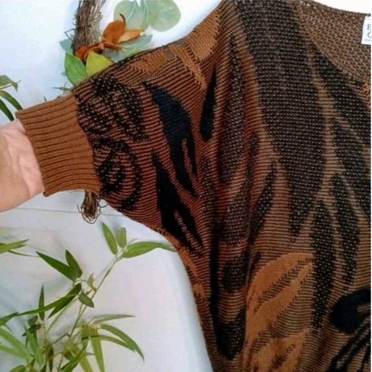 Vintage 80s Barry & Me Boho Dolman Knit Brown Black Floral Sweater Sz L/XL